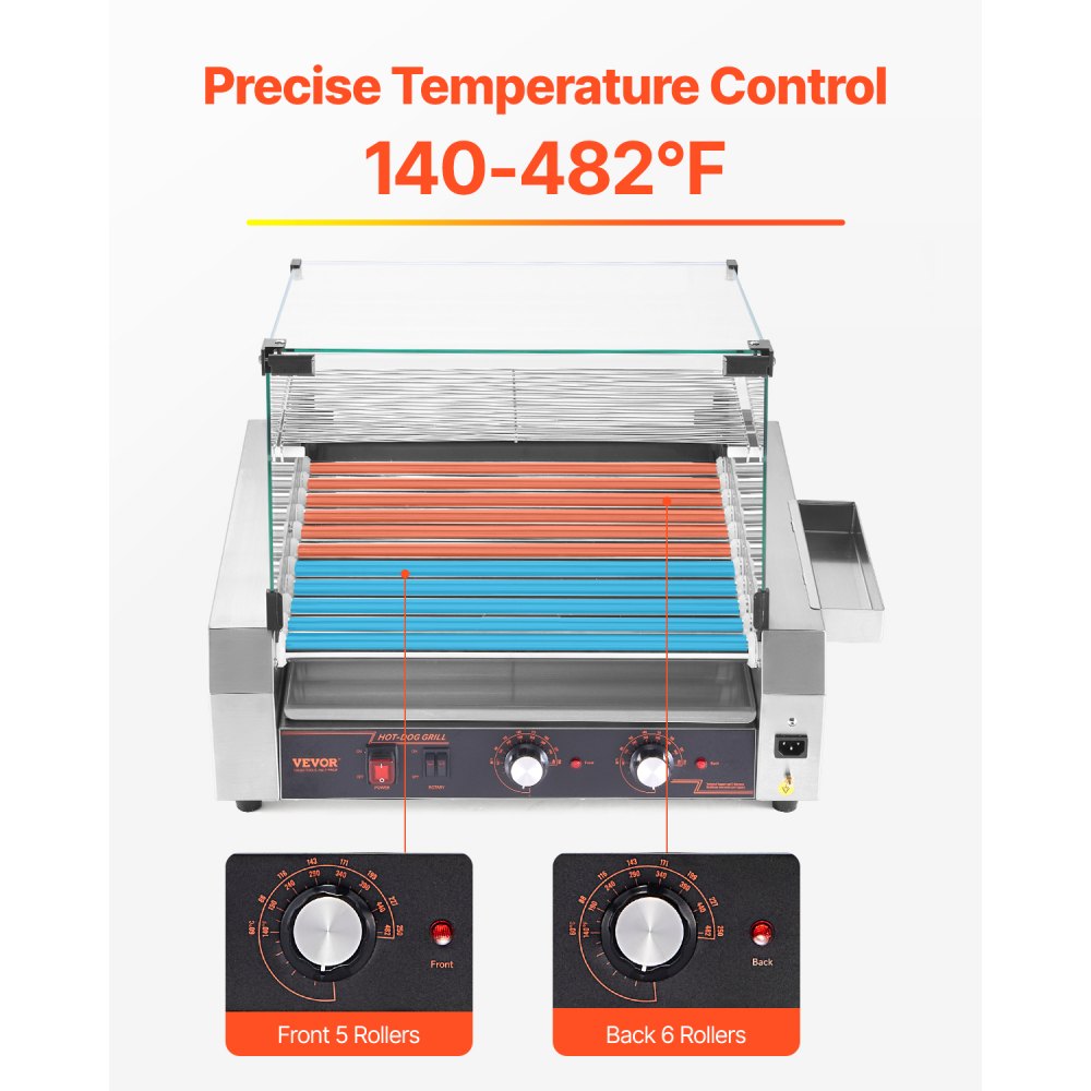 VEVOR Rullo per Hot Dog, 30 Hot Dog 11 Rulli, Cuocitore per Salsicce in Acciaio Inox 2200 W con Doppio Controllo della Temperatura, Contenitore Laterale, Ripiano Rimovibile e Vassoio Raccogli-Olio