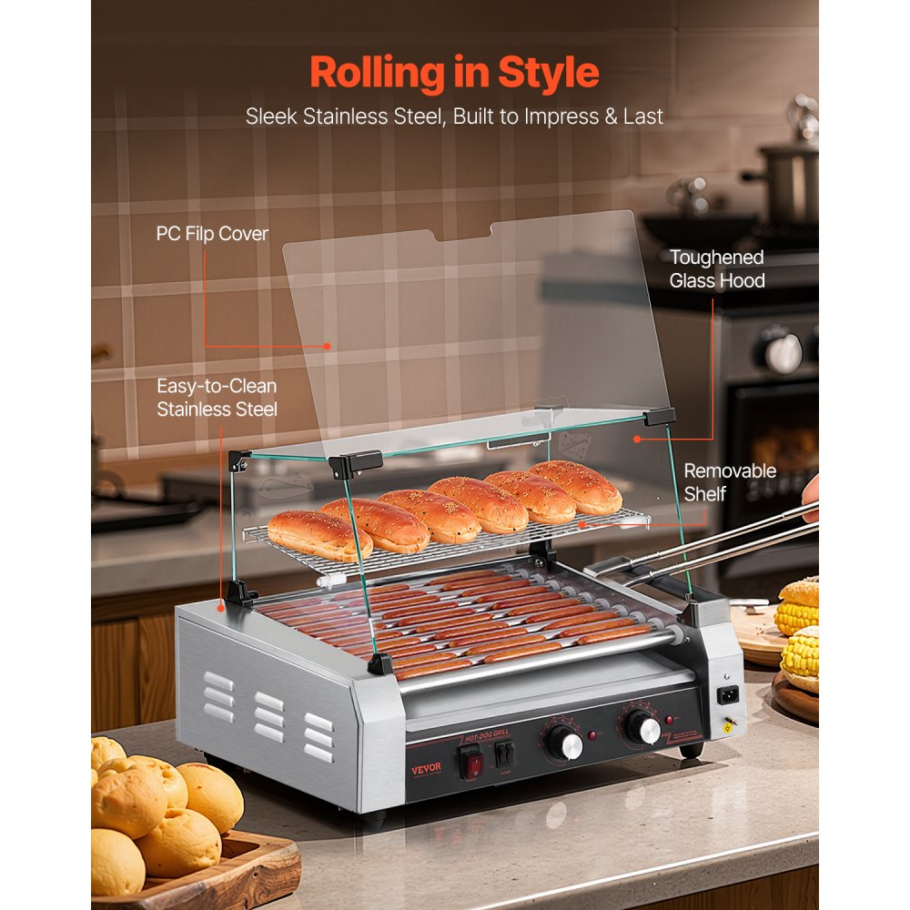 VEVOR Rullo per Hot Dog, 30 Hot Dog 11 Rulli, Cuocitore per Salsicce in Acciaio Inox 2200 W con Doppio Controllo della Temperatura, Contenitore Laterale, Ripiano Rimovibile e Vassoio Raccogli-Olio
