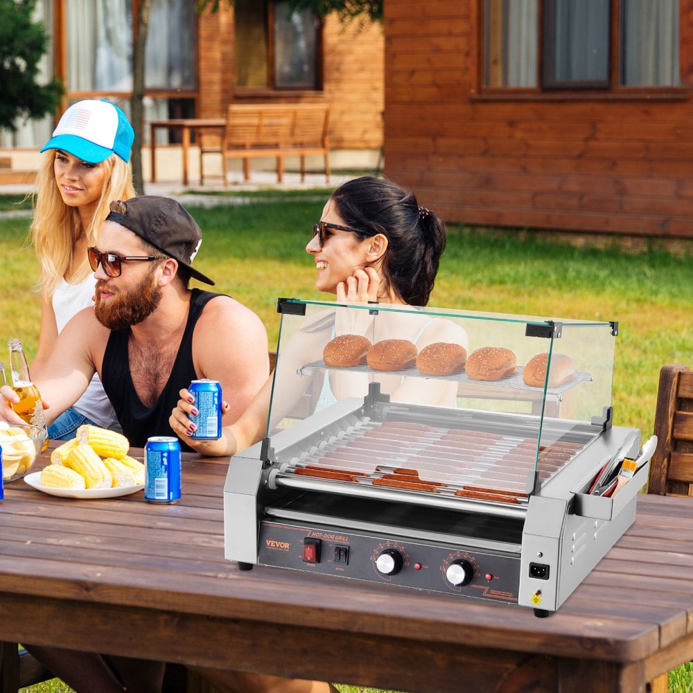 VEVOR Rullo per Hot Dog, 30 Hot Dog 11 Rulli, Cuocitore per Salsicce in Acciaio Inox 2200 W con Doppio Controllo della Temperatura, Contenitore Laterale, Ripiano Rimovibile e Vassoio Raccogli-Olio