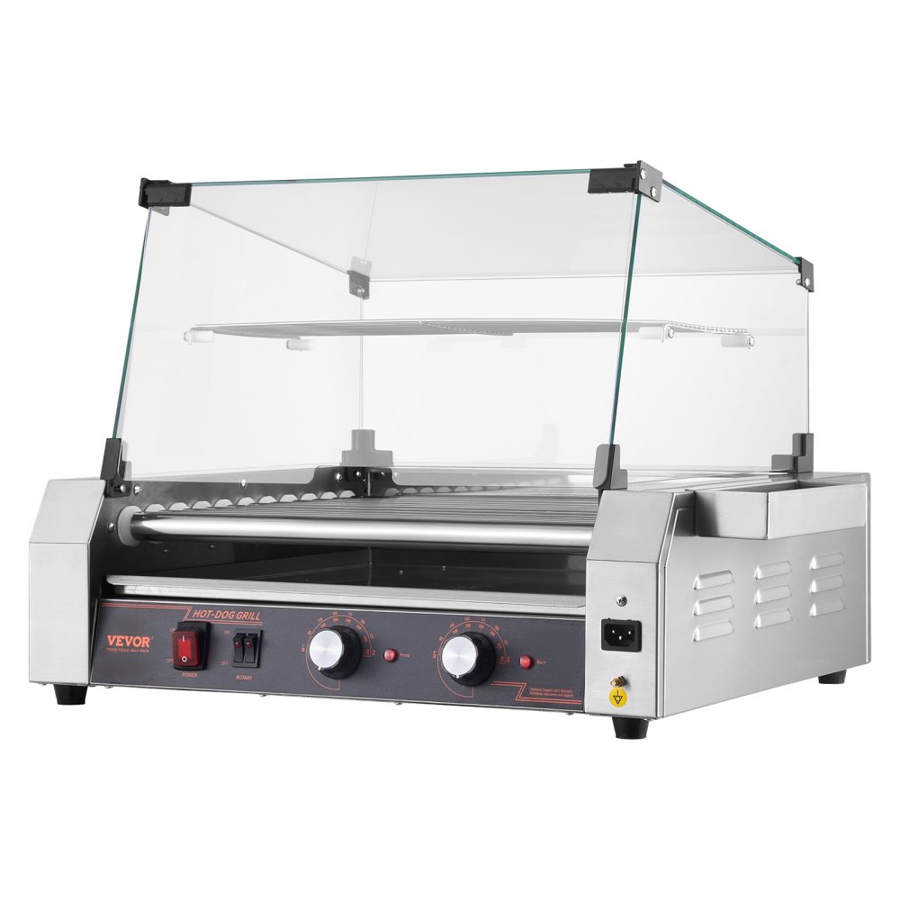 VEVOR Rullo per Hot Dog, 30 Hot Dog 11 Rulli, Cuocitore per Salsicce in Acciaio Inox 2200 W con Doppio Controllo della Temperatura, Contenitore Laterale, Ripiano Rimovibile e Vassoio Raccogli-Olio
