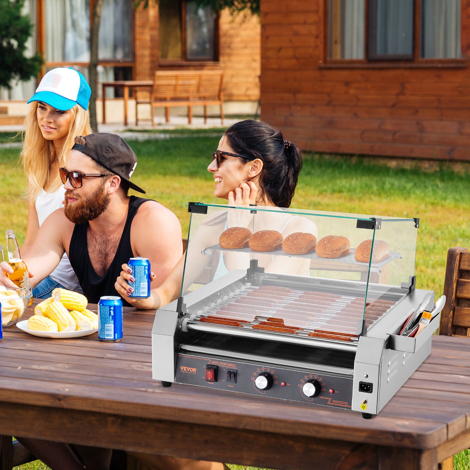 VEVOR Rullo per Hot Dog, 30 Hot Dog 11 Rulli, Cuocitore per Salsicce in Acciaio Inox 2200 W con Doppio Controllo della Temperatura, Contenitore Laterale, Ripiano Rimovibile e Vassoio Raccogli-Olio