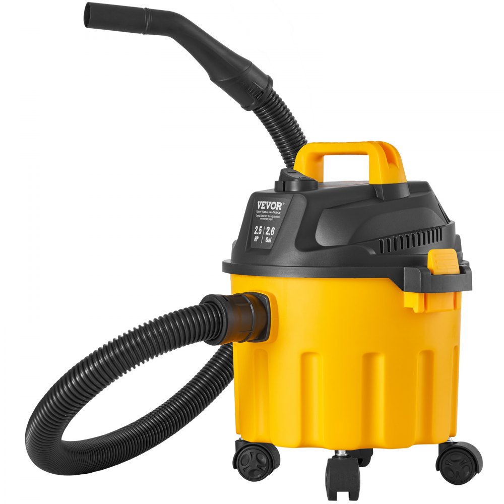VEVOR Aspirapolvere per umidi asciutti capienza ca. 10 litri, Aspirapolvere portatile 2,5 HP max, Aspirazione con ugello a rotelle, Aspirapolvere per moquette, detriti, peli animali domestici, giallo