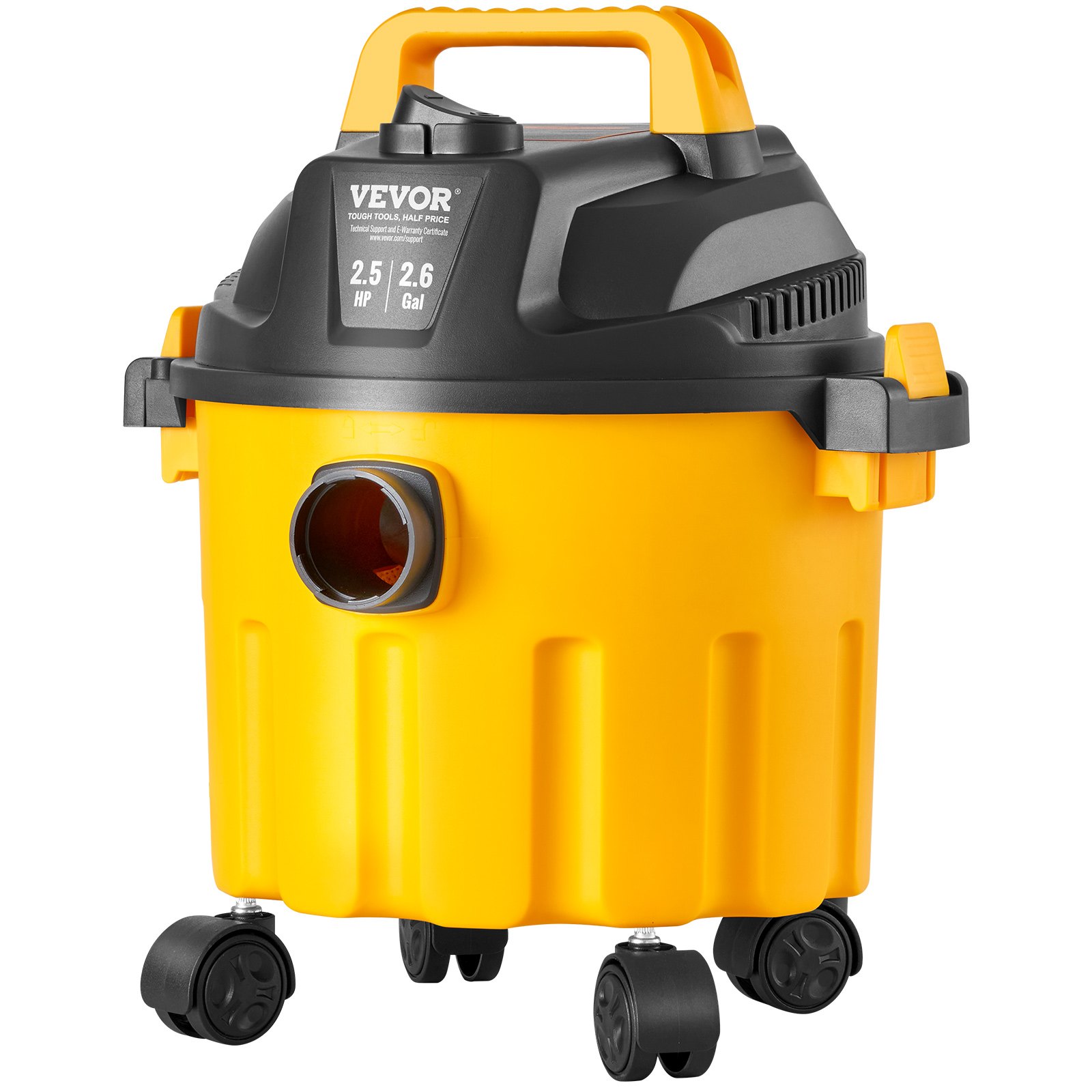 VEVOR Aspirapolvere per umidi asciutti capienza ca. 10 litri, Aspirapolvere portatile 2,5 HP max, Aspirazione con ugello a rotelle, Aspirapolvere per moquette, detriti, peli animali domestici, giallo