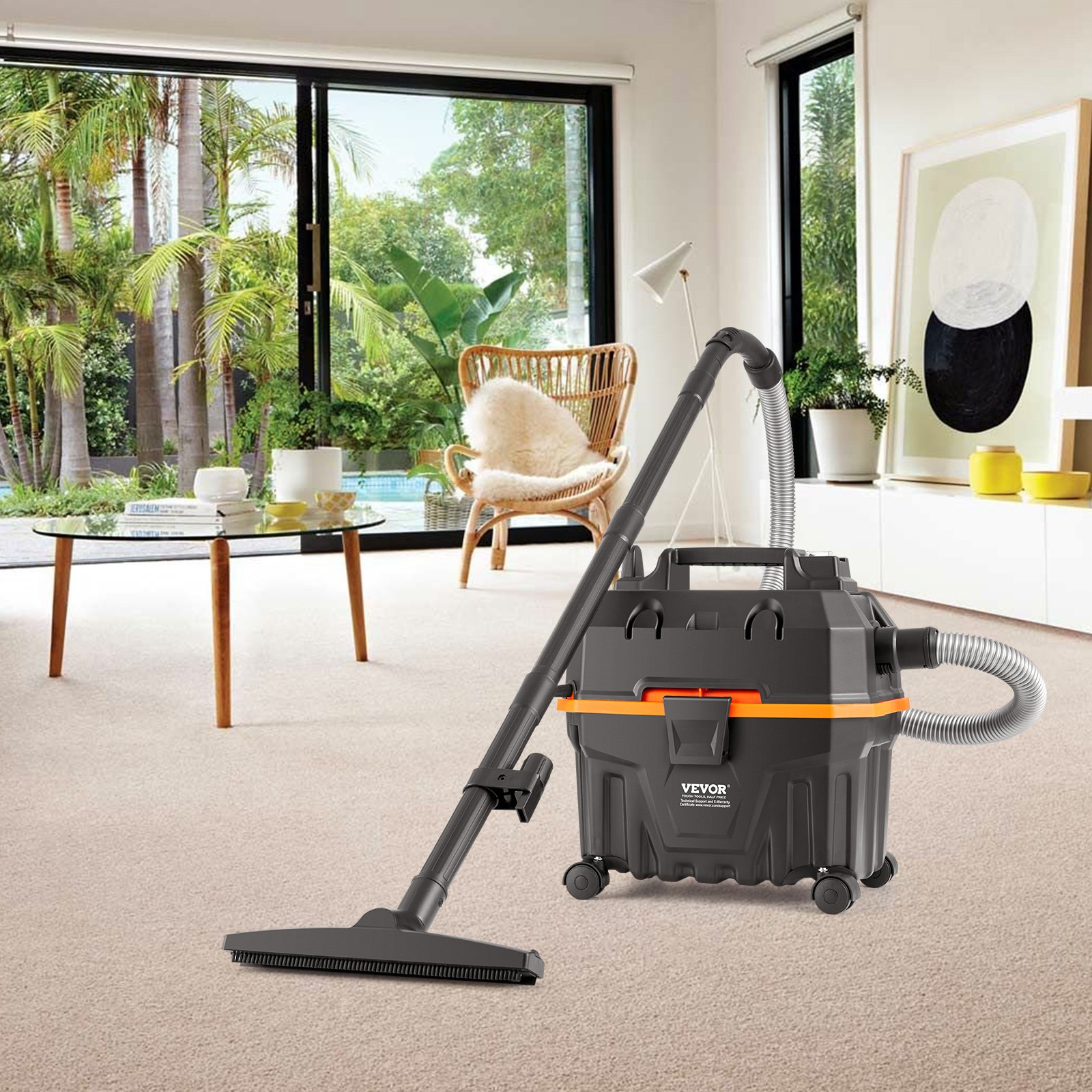 VEVOR Aspirapolvere per umidi asciutti 15 litri, Aspirapolvere portatile commerciale, 5 HP max., Aspirazione con ugello a rotelle, Aspirapolevere per tappeti, detriti, pelianimali domestici, Nero