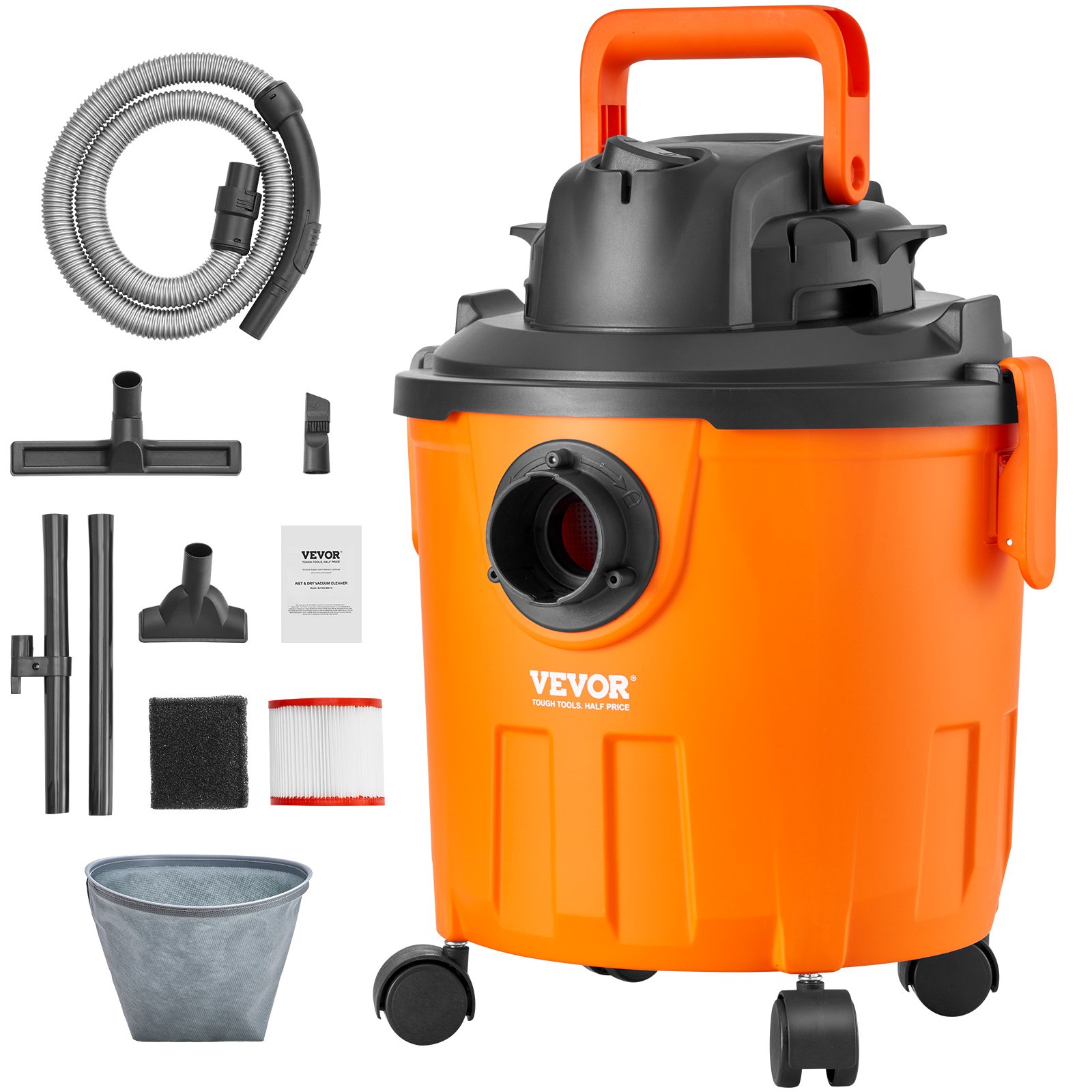 VEVOR Aspirapolvere per liquidi asciutti capienza 18 litri, Aspirapolvere portatile 6 HP max, Aspirazione con ugello, rotelle, per tappeti, detriti, Aspirapolvere peli animali domestici, Arancione