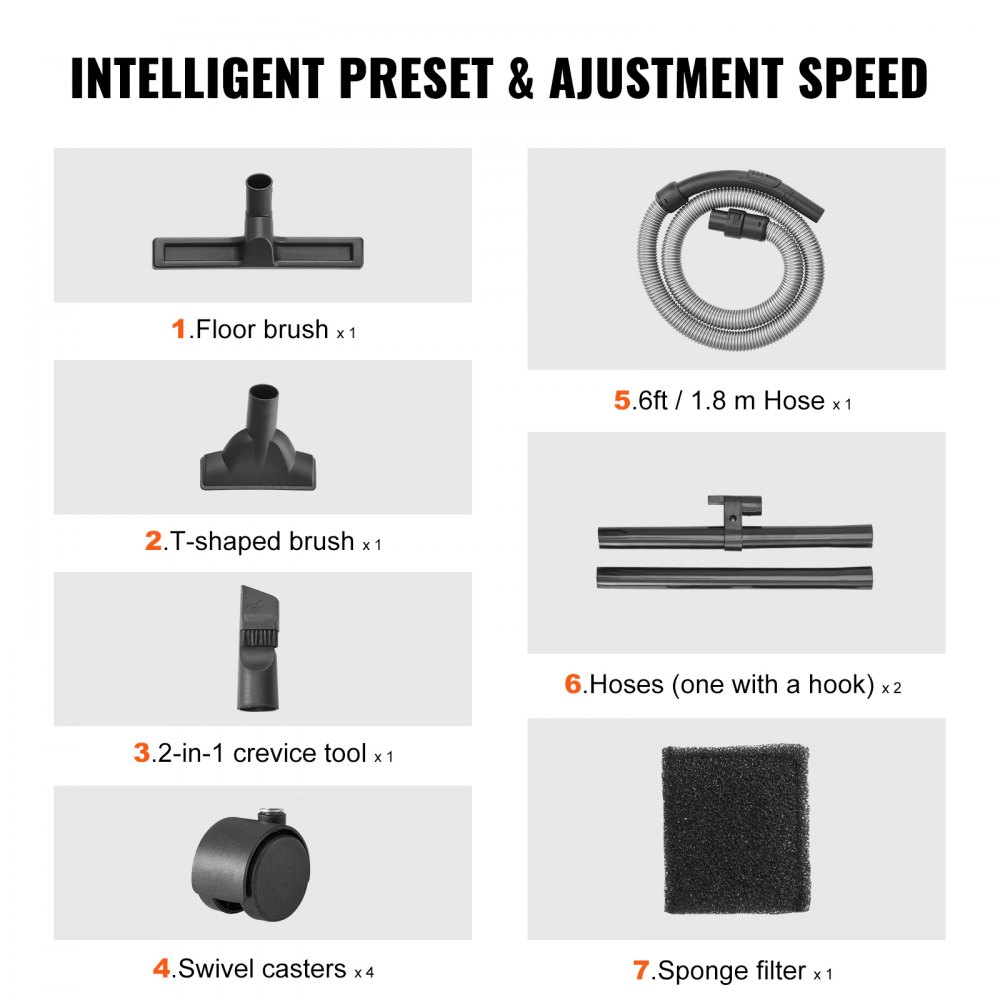 VEVOR Aspiraliquidi da officina 20 L, Aspiraliquidi Portatile in Acciaio Inossidabile, 6 HP Max, Aspirazione Efficiente con Bocchetta, Ruote, per Tappeti, Detriti, Peli di Animali, Nero Argento