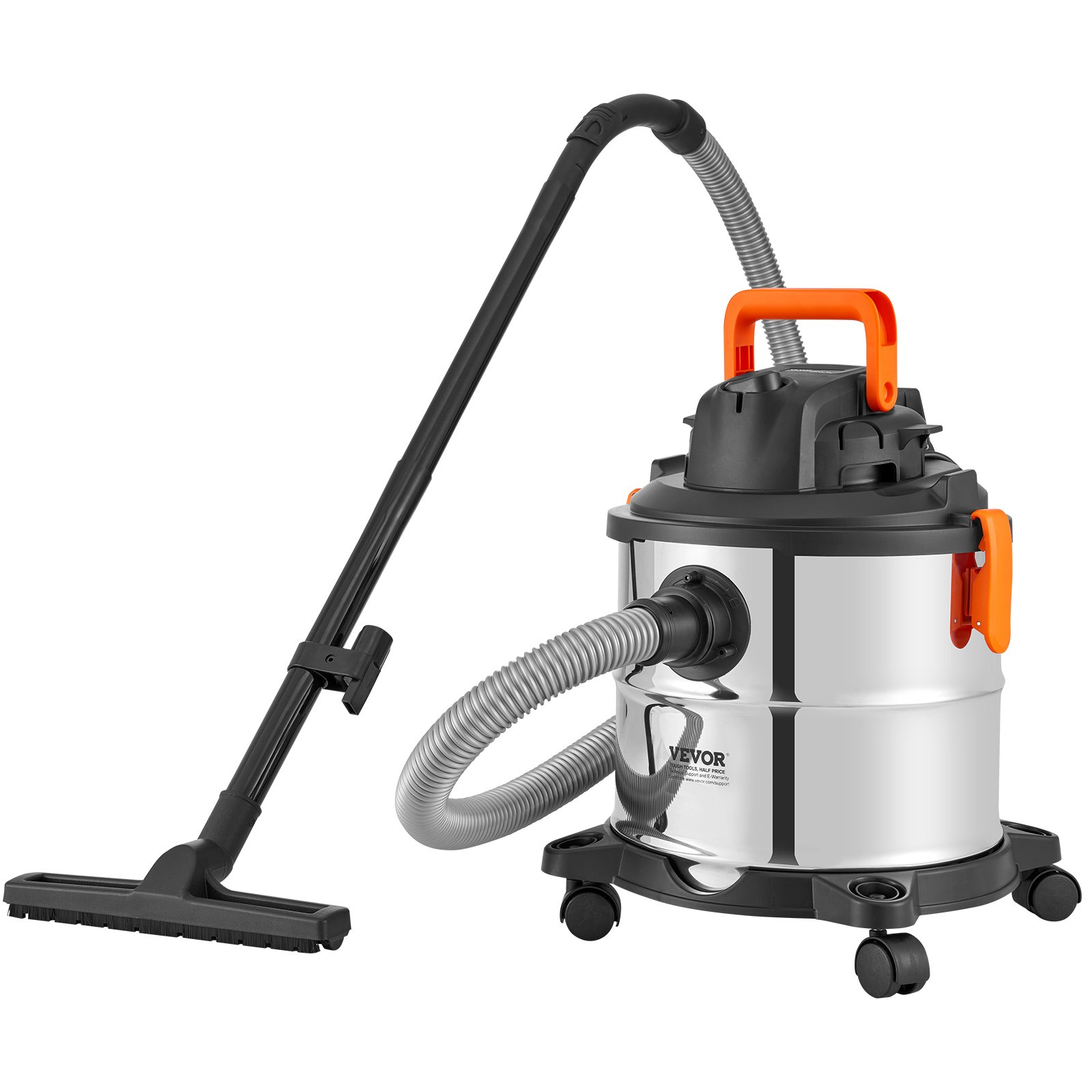 VEVOR Aspiraliquidi da officina 20 L, Aspiraliquidi Portatile in Acciaio Inossidabile, 6 HP Max, Aspirazione Efficiente con Bocchetta, Ruote, per Tappeti, Detriti, Peli di Animali, Nero Argento