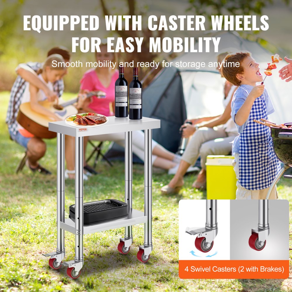 VEVOR rolling work table 61 x 30 x 85 cm stainless steel catering work table load capacity 350 kg, food preparation table commercial kitchen table for bar with 4 adjustable legs