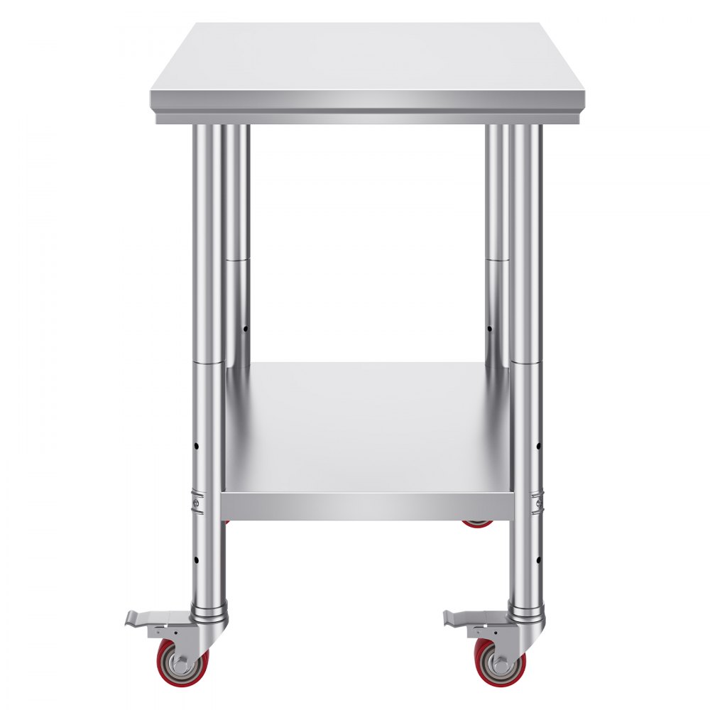 VEVOR Tavolo di Lavoro Banco Lavoro Cucina Commerciale in Acciaio Inox con 4 Ruote Regolabile, Tavolo Piano Doppio 76x60x80cm Acciaio Inox Altezza Regolabile con Ruote Blocco, Banco Lavoro da Cucina