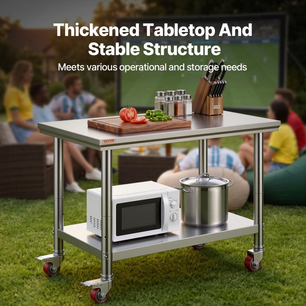 VEVOR Tavolo da Lavoro in Acciaio Inox 90 x 60 x 85 cm Professionale, Catering Tavolo da Lavoro per Cucina in Acciaio Inox con Ruote, Tavolo da Lavoro Commerciale Carico 204 kg