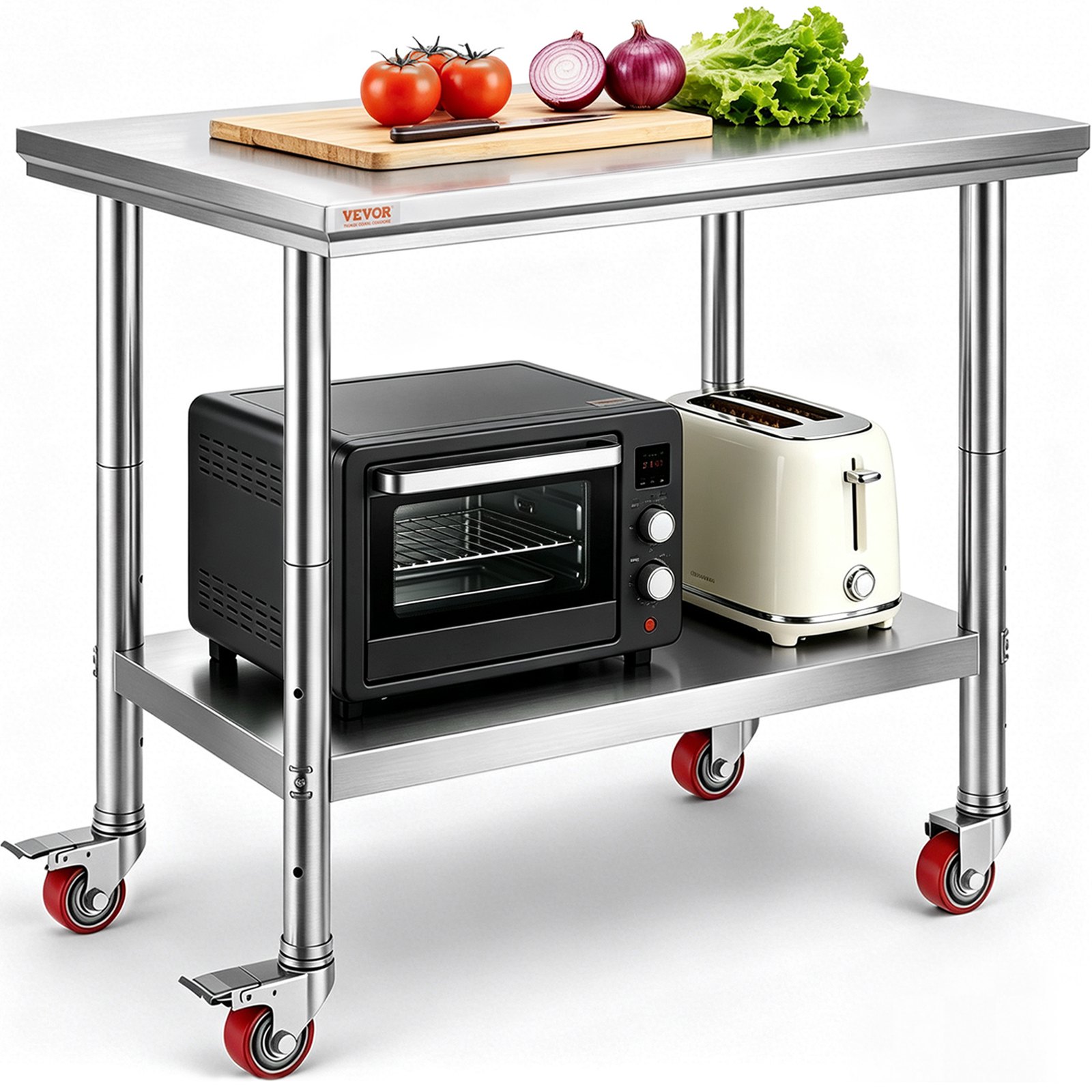 VEVOR Tavolo da Lavoro in Acciaio Inox 90 x 60 x 85 cm Professionale, Catering Tavolo da Lavoro per Cucina in Acciaio Inox con Ruote, Tavolo da Lavoro Commerciale Carico 204 kg