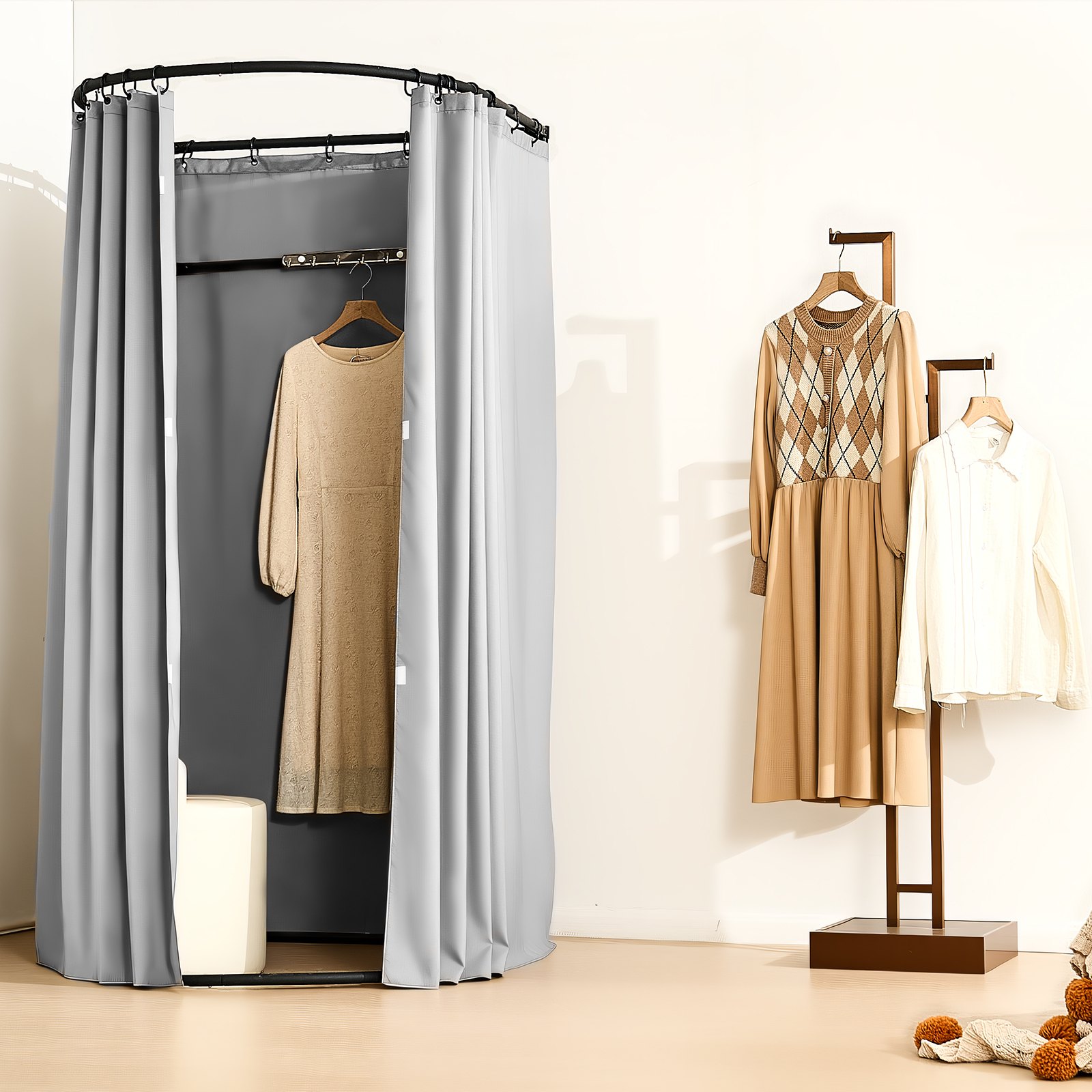 VEVOR Camerino di Prova da 100 x 95 x 200 cm Spogliatoio Portatile Mobile con Tende Spesse in Poliestere, Tenda Ombreggiante e Gancio, per Boutique, Sartorie e Spazi Esterni, Nero e Grigio-Bianco