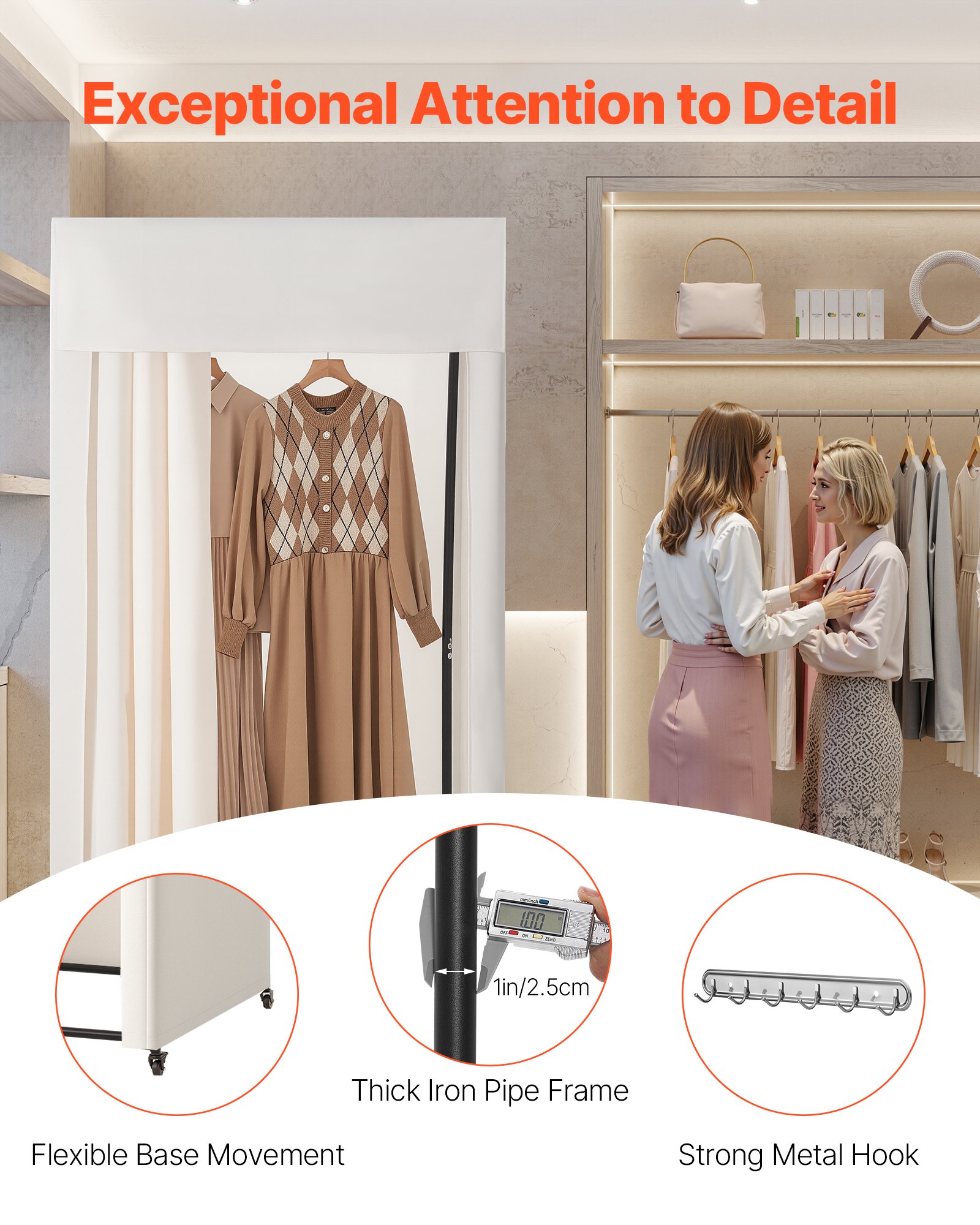 VEVOR Camerino di Prova 99 x 99 x 204,5 cm Spogliatoio Portatile con Tende Spesse, con Rotelle e Robusto Gancio in Metallo, per Boutique, Centri Commerciali, Sartorie e Spazi Esterni, Nero e Beige