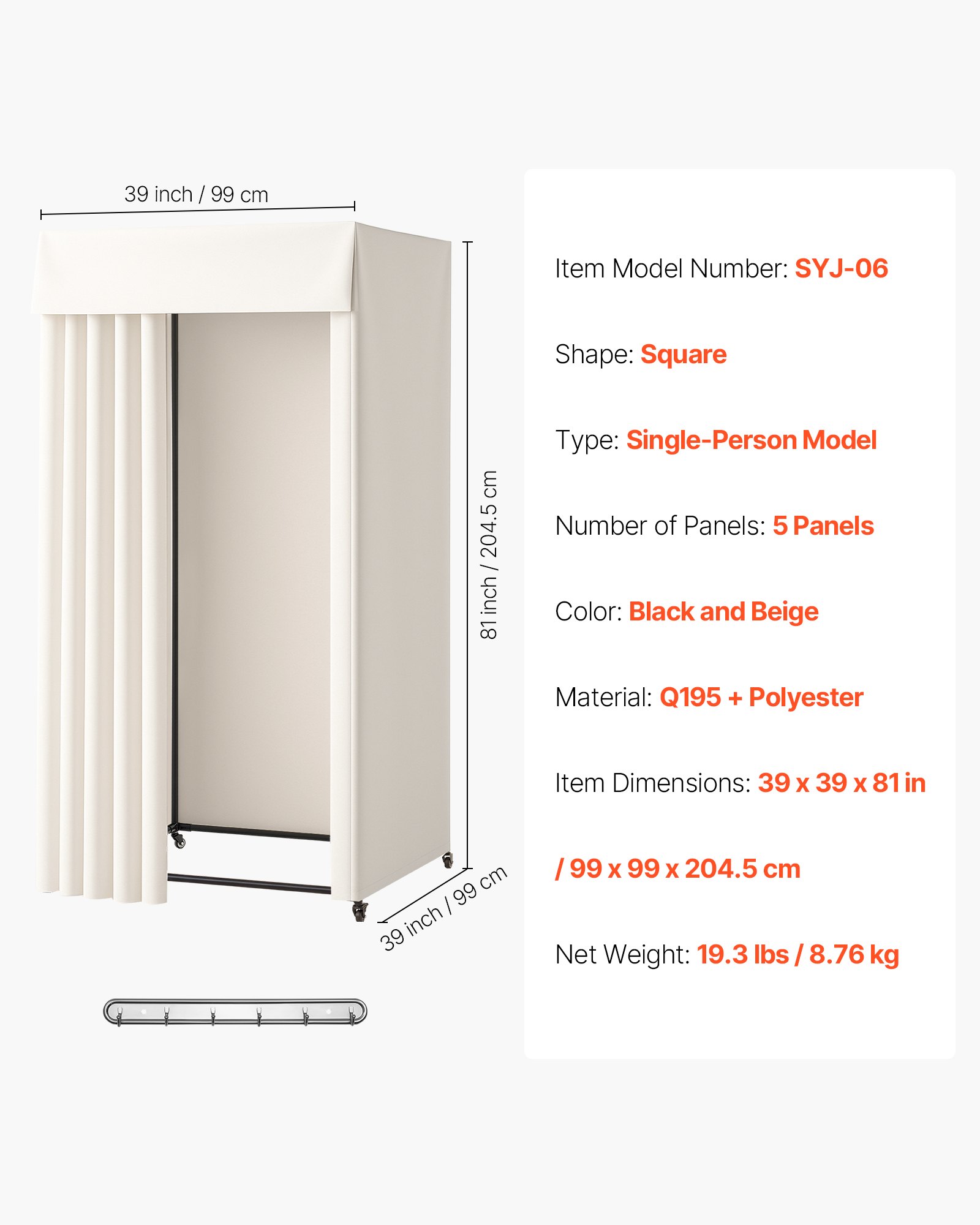 VEVOR Camerino di Prova 99 x 99 x 204,5 cm Spogliatoio Portatile con Tende Spesse, con Rotelle e Robusto Gancio in Metallo, per Boutique, Centri Commerciali, Sartorie e Spazi Esterni, Nero e Beige