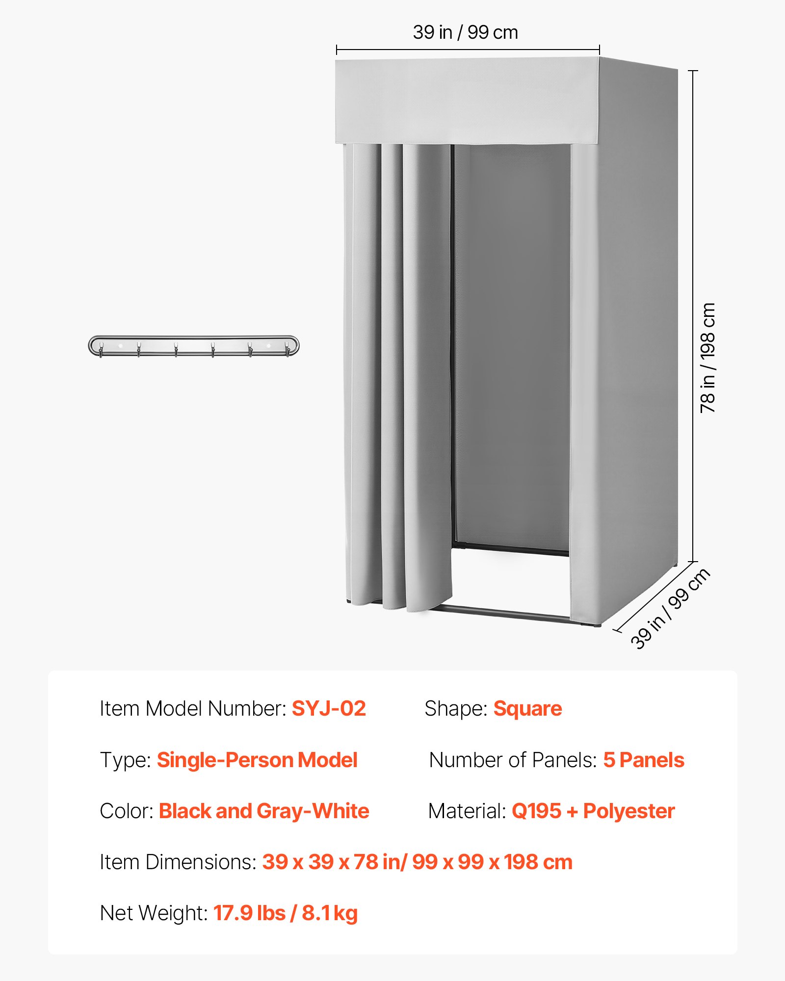 VEVOR Camerino di Prova da 99 x 99 x 198 cm Spogliatoio Portatile Mobile con Tende Spesse in Poliestere, Tenda Ombreggiante e Gancio, per Boutique, Sartorie e Spazi Esterni, Nero e Grigio-Bianco