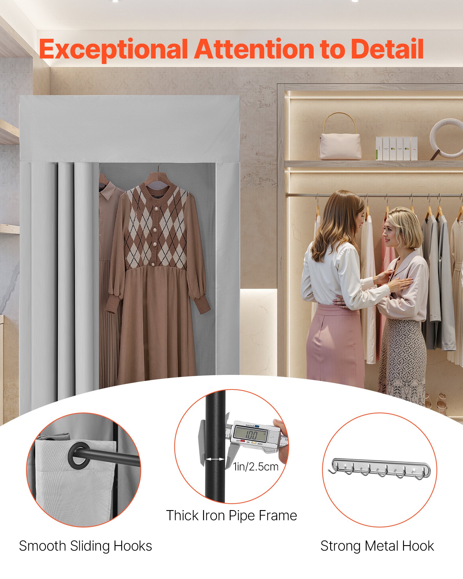 VEVOR Camerino di Prova da 99 x 99 x 198 cm Spogliatoio Portatile Mobile con Tende Spesse in Poliestere, Tenda Ombreggiante e Gancio, per Boutique, Sartorie e Spazi Esterni, Nero e Grigio-Bianco