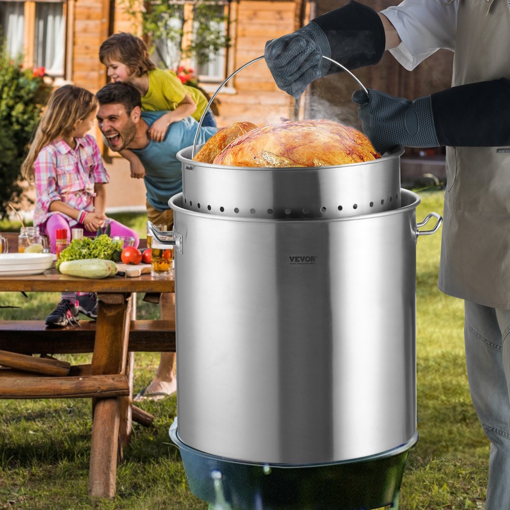 VEVOR Pentola in Acciaio Inox, Pentola per Salse con Cestello 94,6 L, Coperchio e Manico, Pentola Resistente di Grado Commerciale, Trattamento di Macinazione, per Eventi di Grandi Gruppi, Argento