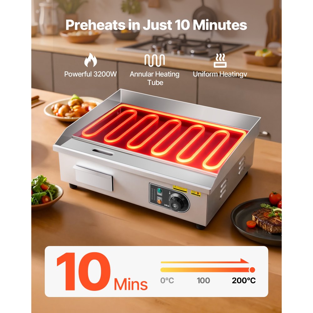 VEVOR Piastra grill elettrica professionale, superficie piana 535×300 mm, 3200 W, temperatura regolabile da 50 a 300 °C, acciaio inox (involucro esterno), piastra grill professionale, piastra grill da banco, adatta per bistecche.