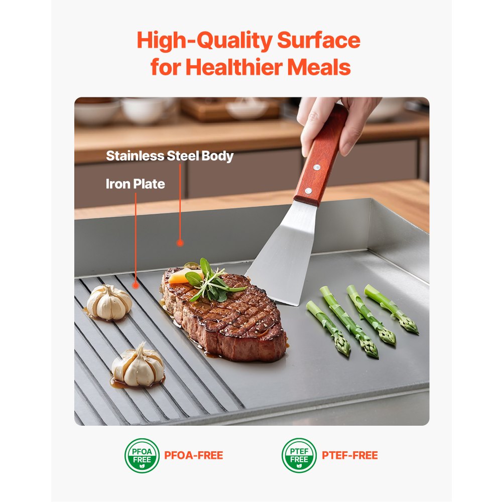 VEVOR Commercial Electric Griddle, 535 x 300 mm, 3200W, 50-300°C Adjustable Temp Control, Stainless Steel Body, Half Grooved Half Flat, with 2 Spatulas, 2 Brushes, and 4 Foot Pads, for Steak, Pancake
