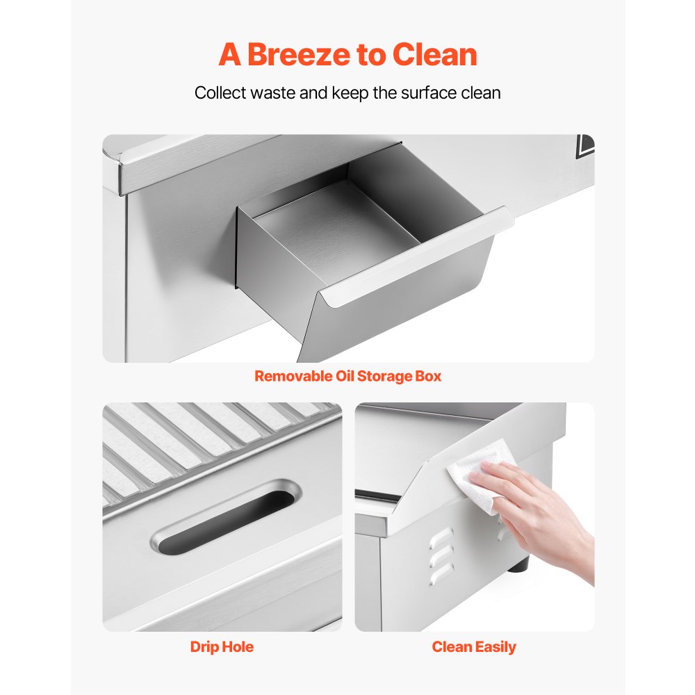 VEVOR Commercial Electric Griddle, 535 x 300 mm, 3200W, 50-300°C Adjustable Temp Control, Stainless Steel Body, Half Grooved Half Flat, with 2 Spatulas, 2 Brushes, and 4 Foot Pads, for Steak, Pancake