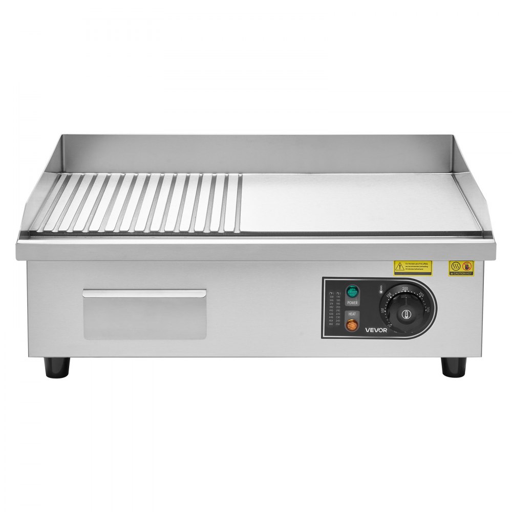 VEVOR Commercial Electric Griddle, 535 x 300 mm, 3200W, 50-300°C Adjustable Temp Control, Stainless Steel Body, Half Grooved Half Flat, with 2 Spatulas, 2 Brushes, and 4 Foot Pads, for Steak, Pancake