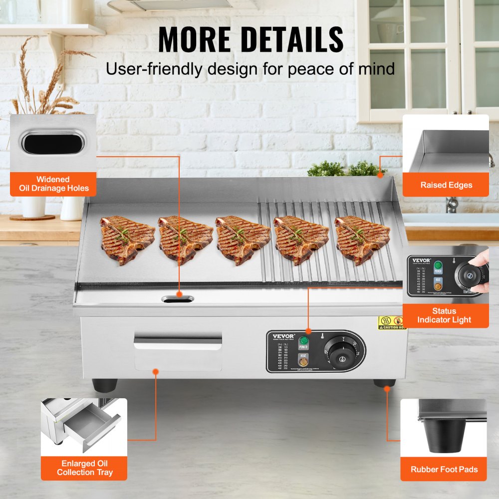 VEVOR Piastra Elettrica Commerciale, Piastra Half-Flat Top da Banco da 3200 W, Temperatura Regolabile Piastra in Acciaio Inossidabile 50 - 300°C, 54 x 30 x 1 cm con 2 Pale 2 Spazzole Casa Ristorante