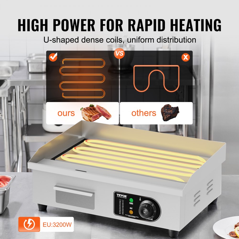 VEVOR Commercial Electric Grill, 3200 W, Semi-Flat Countertop Grill, Adjustable Temperature from 50-300 °C, 54 x 30 x 1 cm, Stainless Steel Grill Plate with 2 Shovels and 2 Brushes