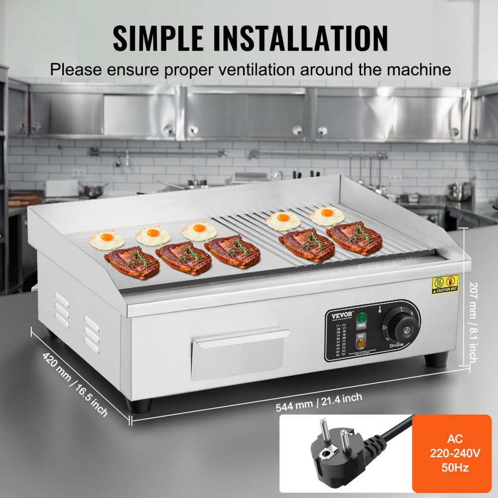 VEVOR Commercial Electric Grill, 3200 W, Semi-Flat Countertop Grill, Adjustable Temperature from 50-300 °C, 54 x 30 x 1 cm, Stainless Steel Grill Plate with 2 Shovels and 2 Brushes
