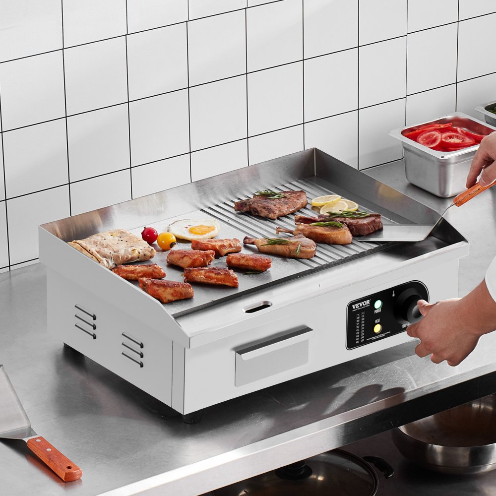VEVOR Commercial Electric Grill, 3200 W, Semi-Flat Countertop Grill, Adjustable Temperature from 50-300 °C, 54 x 30 x 1 cm, Stainless Steel Grill Plate with 2 Shovels and 2 Brushes