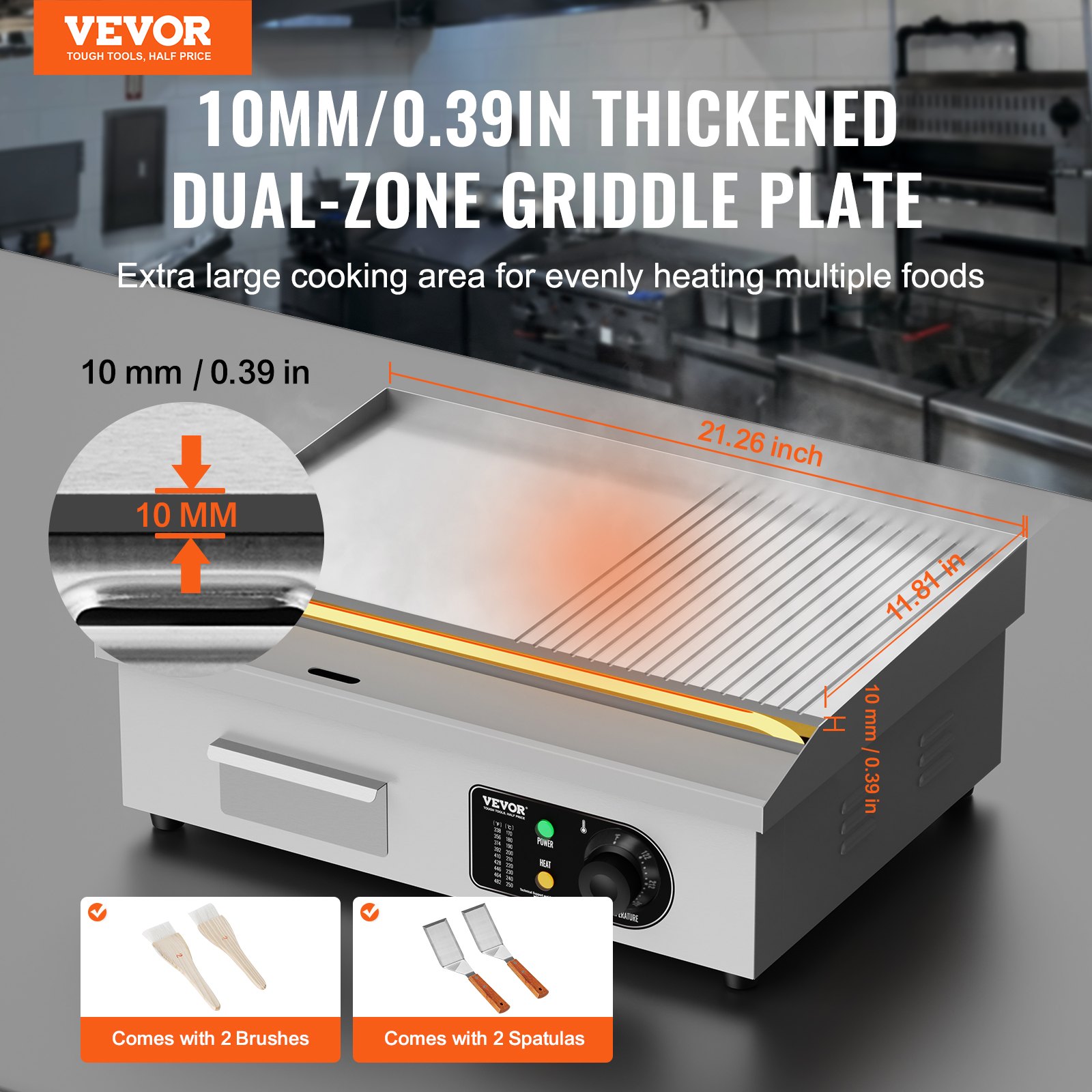 VEVOR Commercial Electric Grill, 3200 W, Semi-Flat Countertop Grill, Adjustable Temperature from 50-300 °C, 54 x 30 x 1 cm, Stainless Steel Grill Plate with 2 Shovels and 2 Brushes