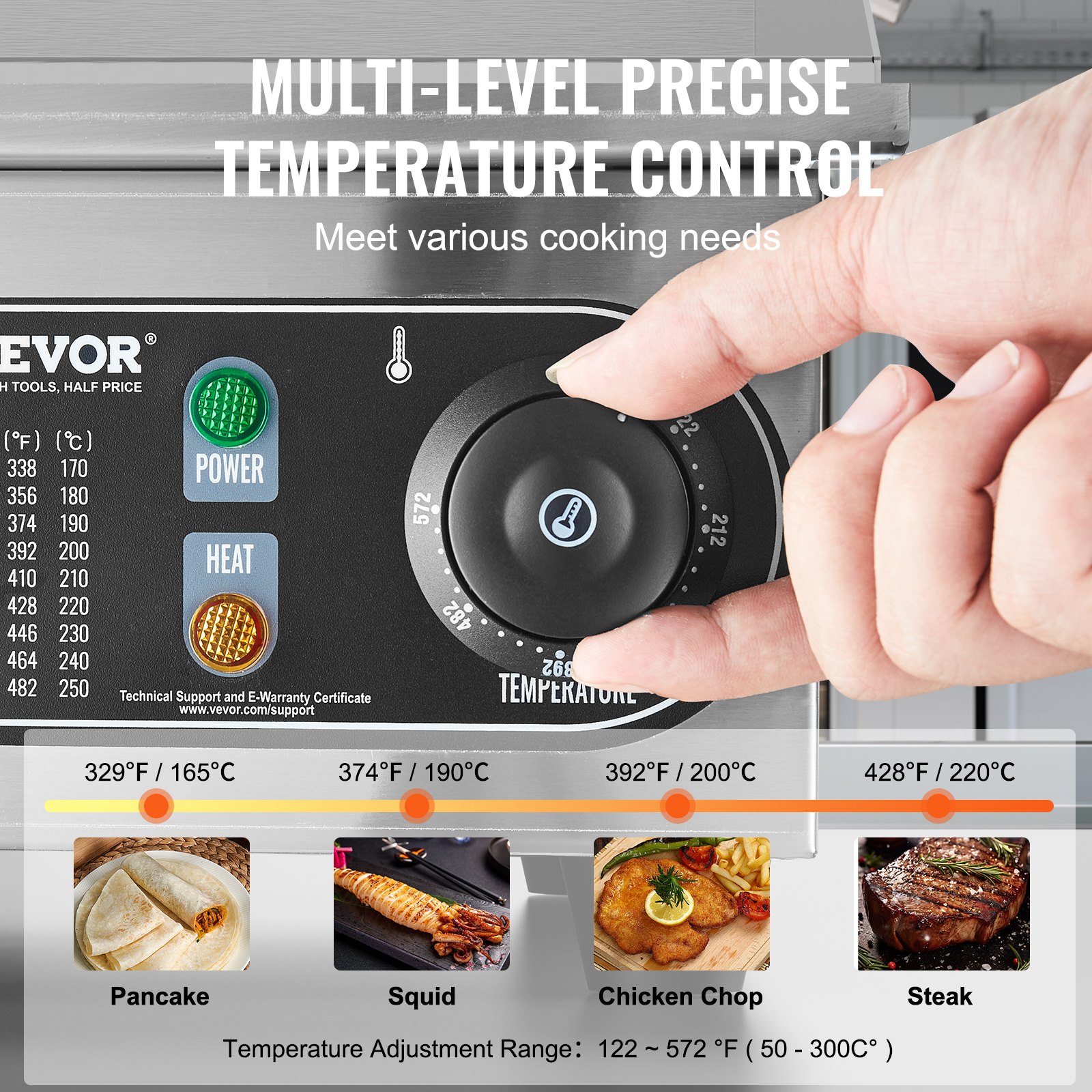 VEVOR Commercial Electric Grill, 3200 W, Semi-Flat Countertop Grill, Adjustable Temperature from 50-300 °C, 54 x 30 x 1 cm, Stainless Steel Grill Plate with 2 Shovels and 2 Brushes