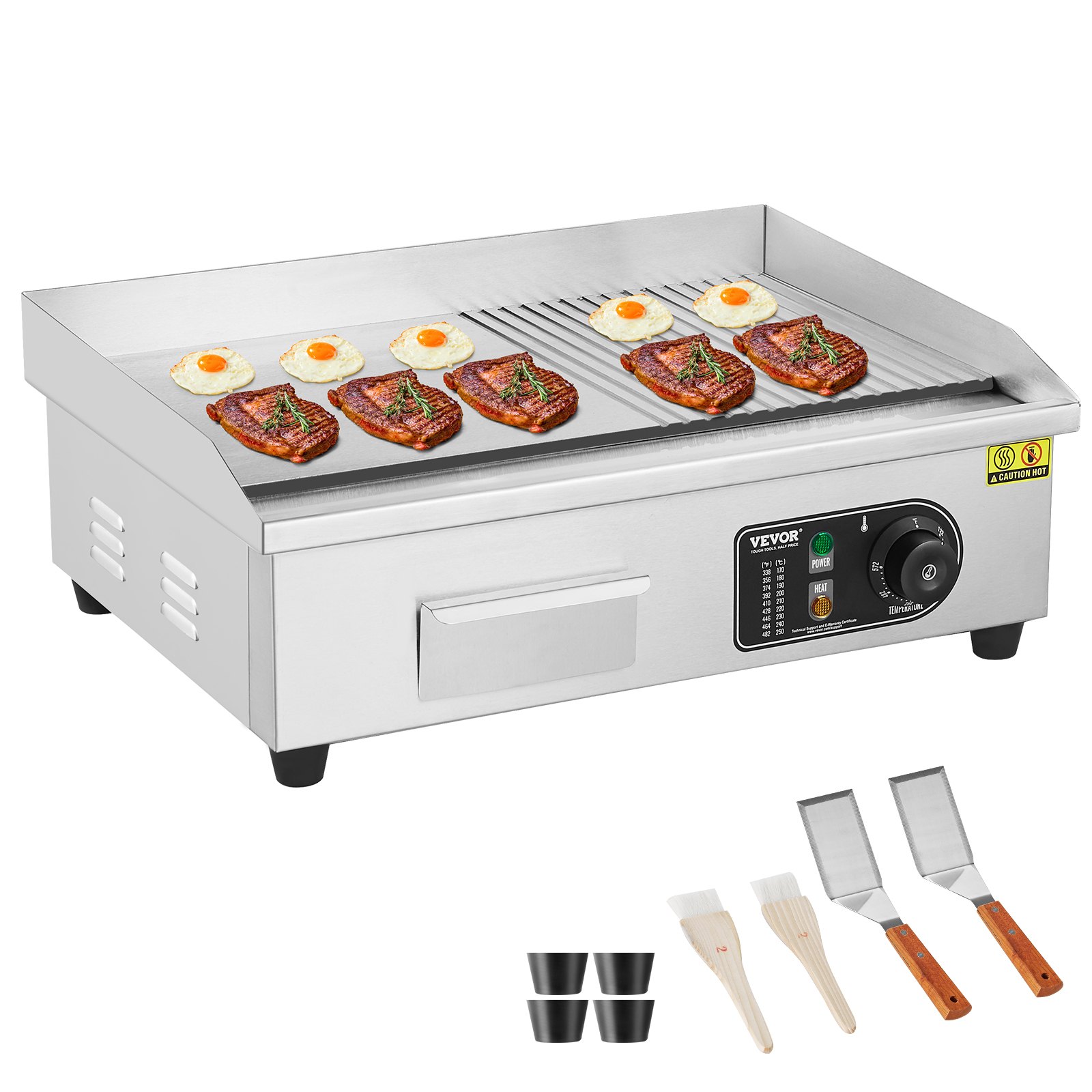 VEVOR Commercial Electric Grill, 3200 W, Semi-Flat Countertop Grill, Adjustable Temperature from 50-300 °C, 54 x 30 x 1 cm, Stainless Steel Grill Plate with 2 Shovels and 2 Brushes