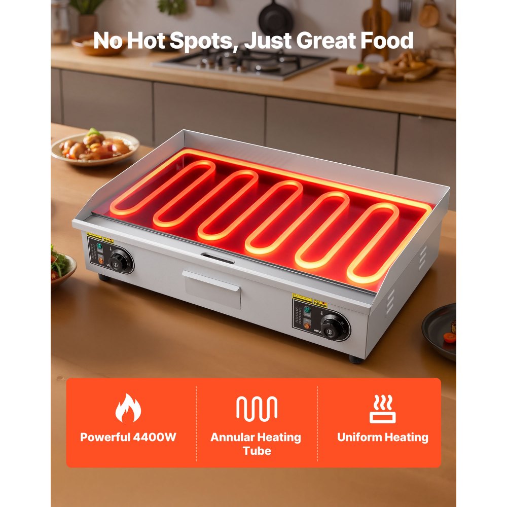 VEVOR Commercial Electric Griddle, 725 x 400 mm, 4400W, 50-300°C Adjustable Temp Control, Stainless Steel Countertop, Half Grooved Half Flat, with 2 Spatulas and 2 Brushes, for Steak(NO PLUG)