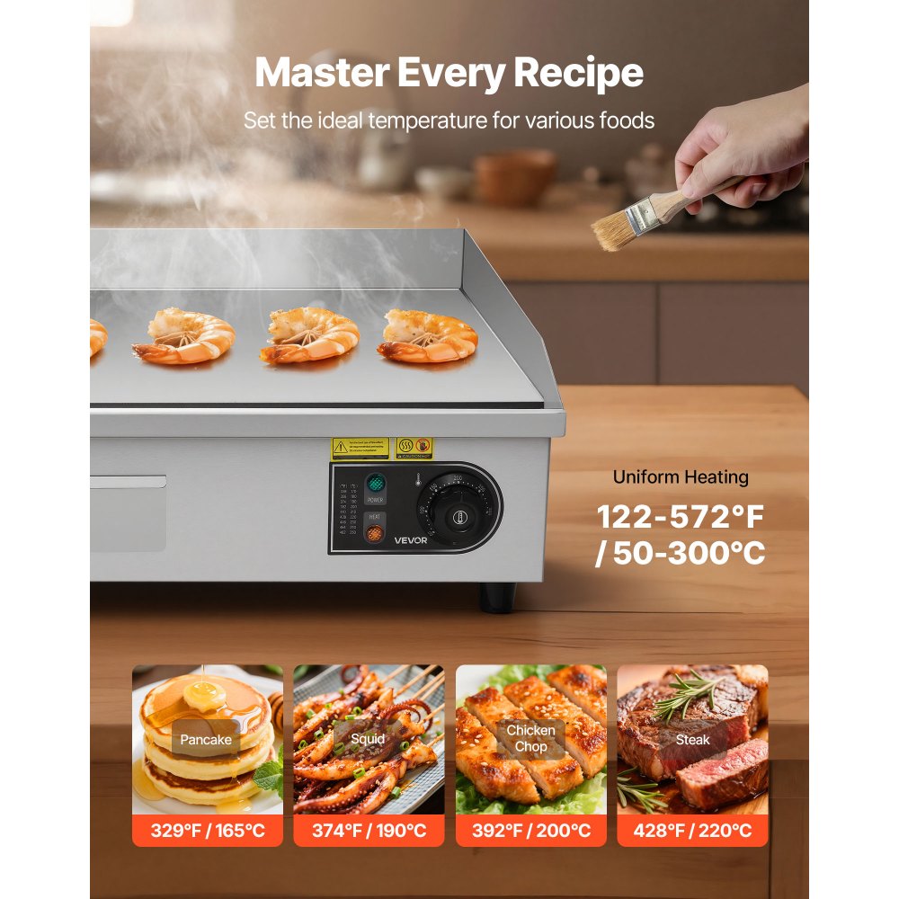 VEVOR Commercial Electric Griddle, 725 x 400 mm, 4400W, 50-300°C Adjustable Temp Control, Stainless Steel Countertop, Half Grooved Half Flat, with 2 Spatulas and 2 Brushes, for Steak(NO PLUG)