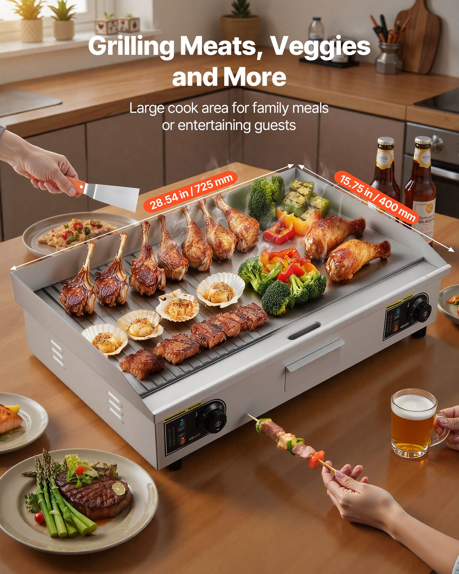 VEVOR Piastra Elettrica per Cottura Commerciale 4400 W Temperatura Regolabile 50-300°C, Piano di Lavoro 725 x 400 mm in Acciaio Inox, Kit Accessori per Bistecche BBQ Feste Campeggio