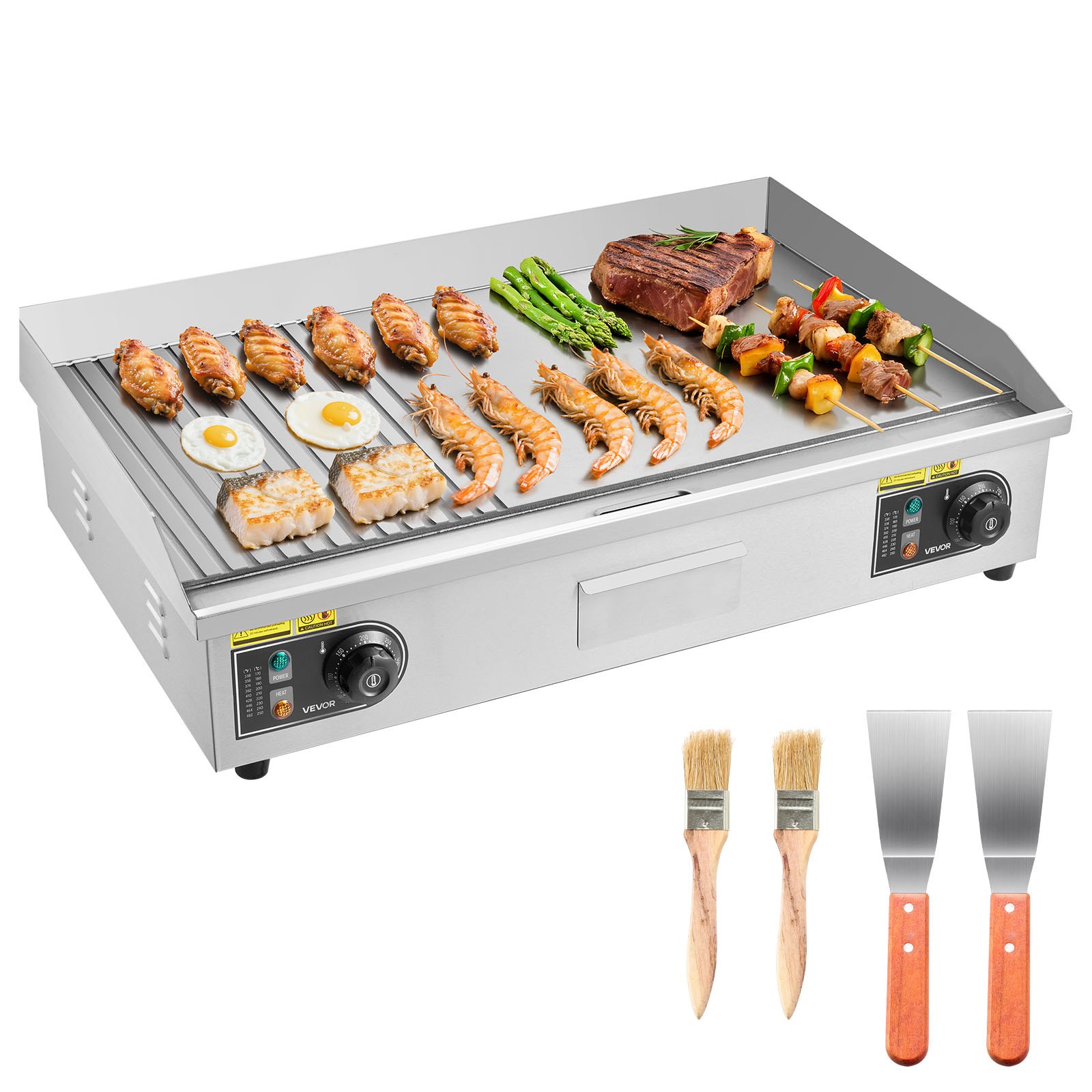 VEVOR Piastra Elettrica per Cottura Commerciale 4400 W Temperatura Regolabile 50-300°C, Piano di Lavoro 725 x 400 mm in Acciaio Inox, Kit Accessori per Bistecche BBQ Feste Campeggio