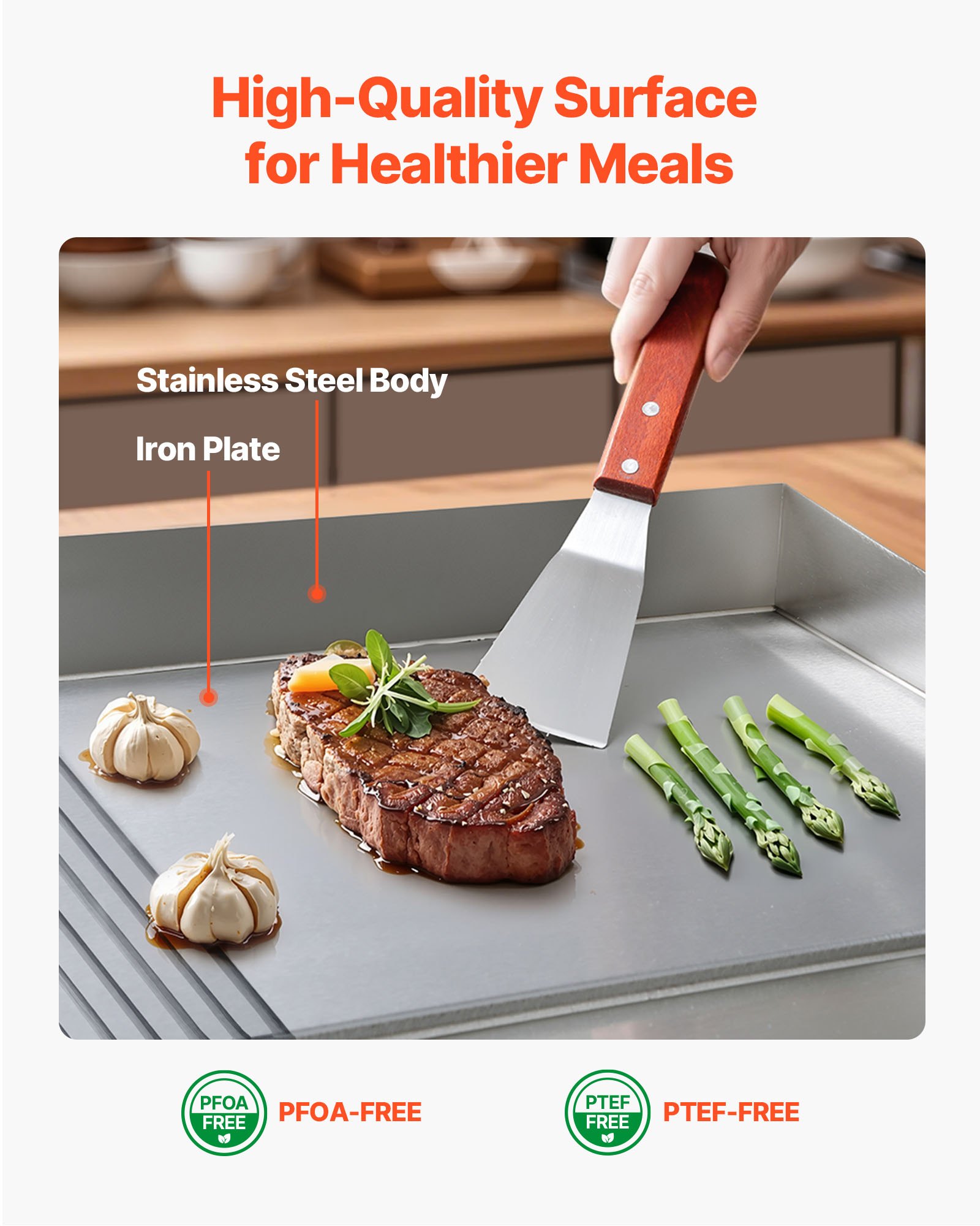 VEVOR Commercial Electric Griddle, 725 x 400 mm, 4400W, 50-300°C Adjustable Temp Control, Stainless Steel Countertop, Half Grooved Half Flat, with 2 Spatulas and 2 Brushes, for Steak(NO PLUG)