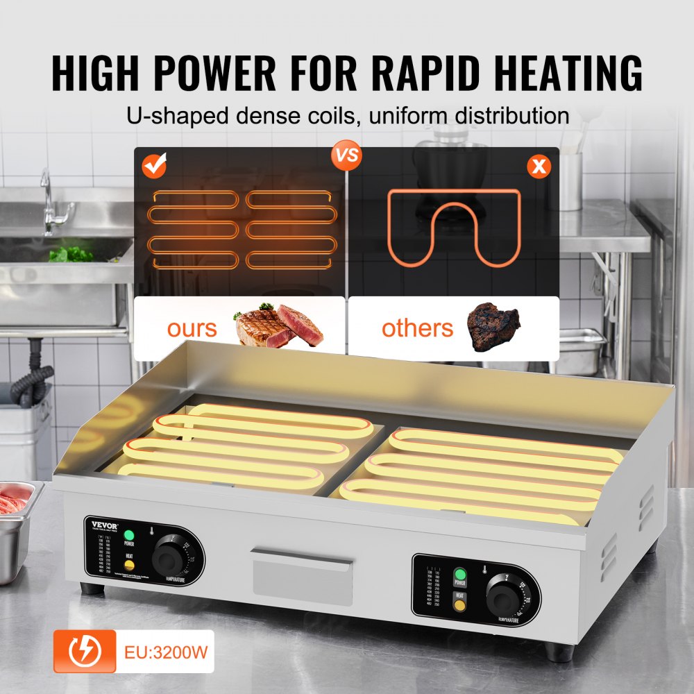 VEVOR Piastra Elettrica Commerciale, Piastra Half-Flat Top da 4400 W, Temperatura Regolabile 50 - 300°C, 73 x 40 x 1 cm Piastra in Acciaio Inossidabile con 2 Pale  2 Spazzole per la Casa Ristorante