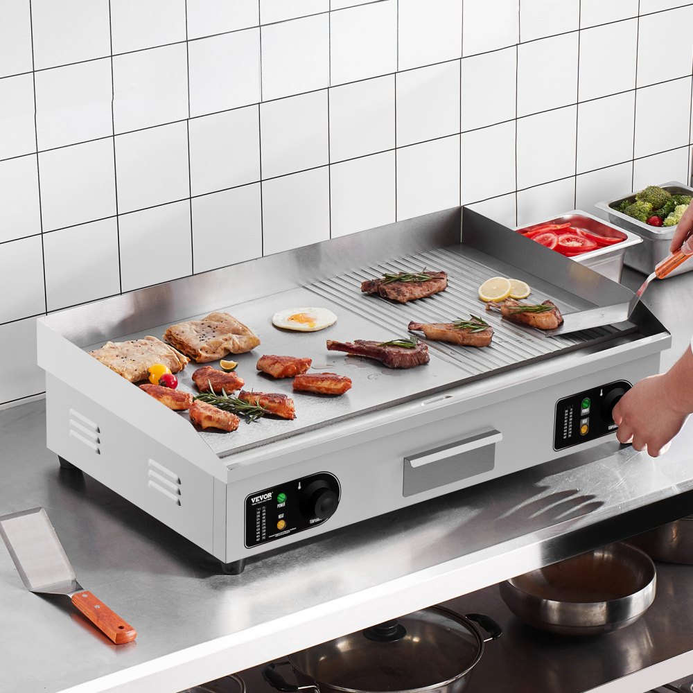 VEVOR Piastra Elettrica Commerciale, Piastra Half-Flat Top da 4400 W, Temperatura Regolabile 50 - 300°C, 73 x 40 x 1 cm Piastra in Acciaio Inossidabile con 2 Pale  2 Spazzole per la Casa Ristorante