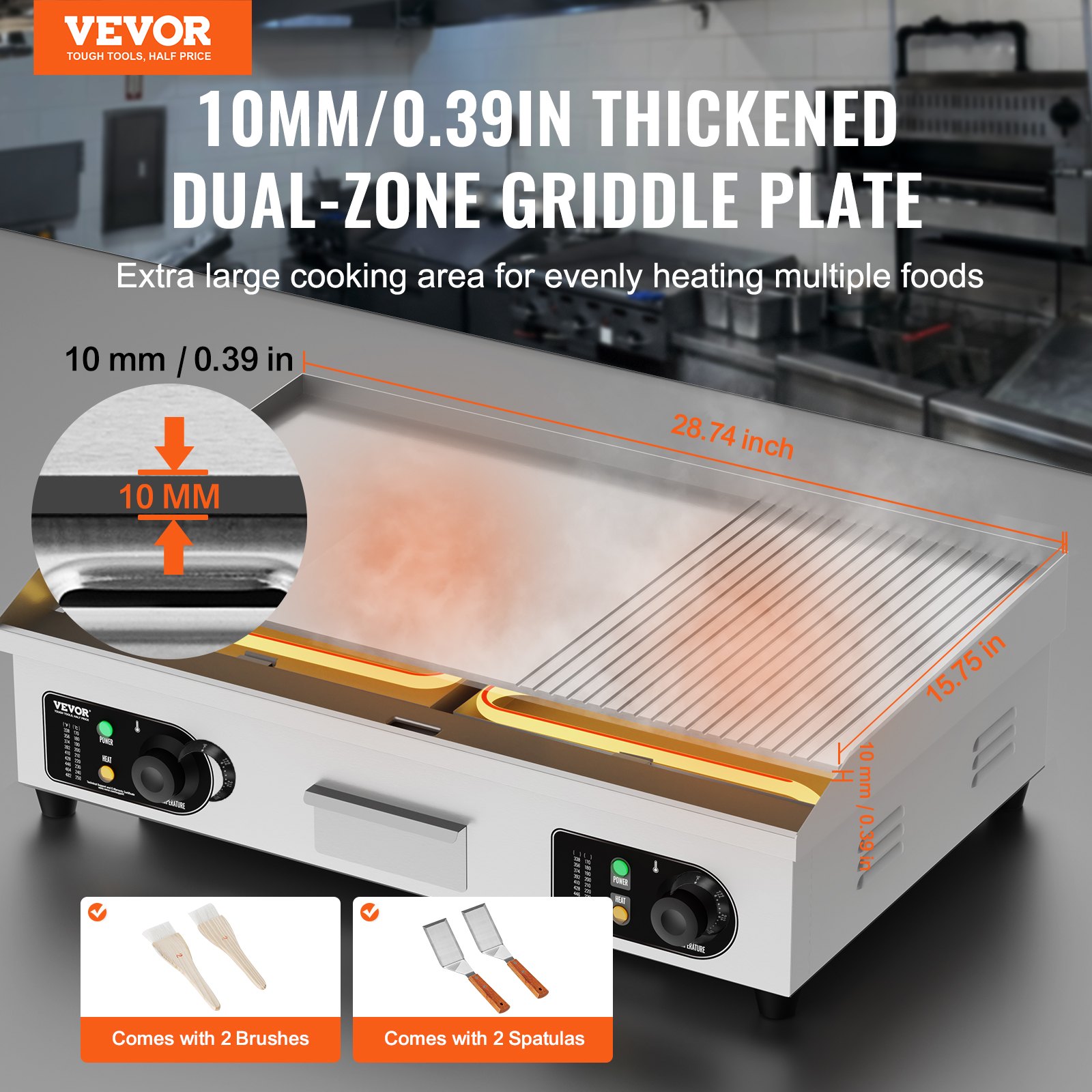VEVOR Piastra Elettrica Commerciale, Piastra Half-Flat Top da 4400 W, Temperatura Regolabile 50 - 300°C, 73 x 40 x 1 cm Piastra in Acciaio Inossidabile con 2 Pale  2 Spazzole per la Casa Ristorante