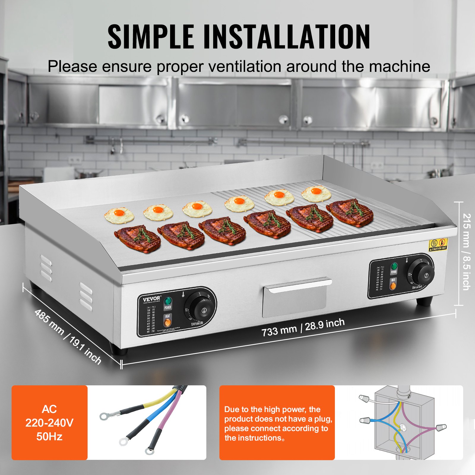 VEVOR Piastra Elettrica Commerciale, Piastra Half-Flat Top da 4400 W, Temperatura Regolabile 50 - 300°C, 73 x 40 x 1 cm Piastra in Acciaio Inossidabile con 2 Pale  2 Spazzole per la Casa Ristorante