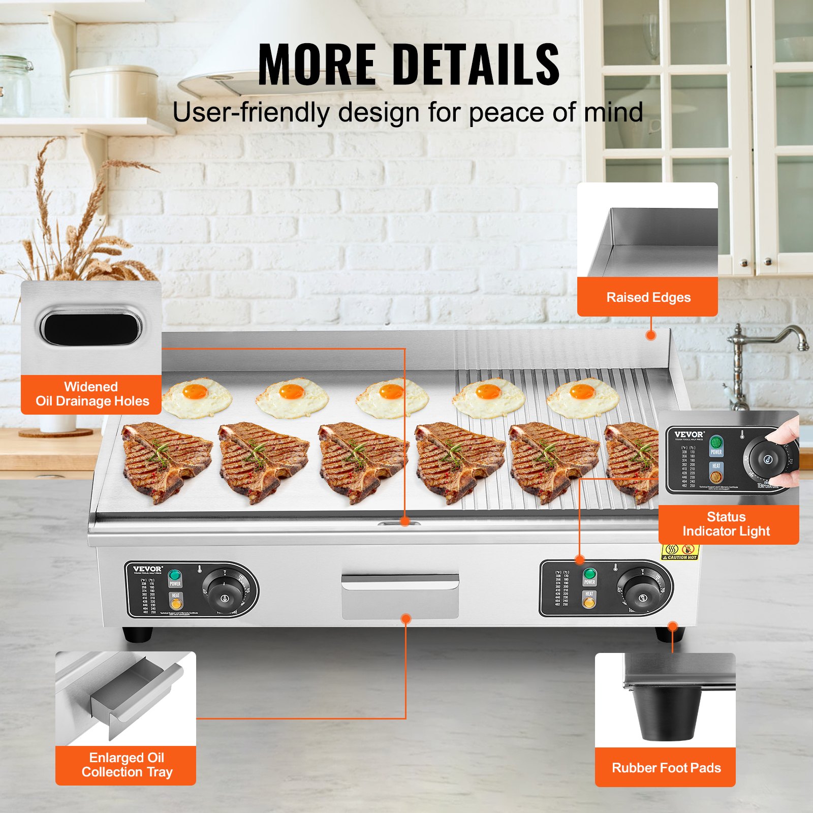 VEVOR Piastra Elettrica Commerciale, Piastra Half-Flat Top da 4400 W, Temperatura Regolabile 50 - 300°C, 73 x 40 x 1 cm Piastra in Acciaio Inossidabile con 2 Pale  2 Spazzole per la Casa Ristorante