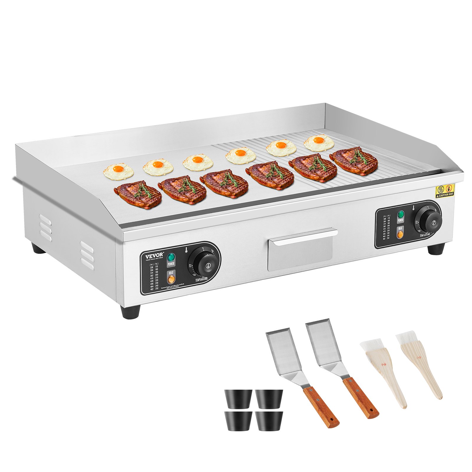 VEVOR Piastra Elettrica Commerciale, Piastra Half-Flat Top da 4400 W, Temperatura Regolabile 50 - 300°C, 73 x 40 x 1 cm Piastra in Acciaio Inossidabile con 2 Pale  2 Spazzole per la Casa Ristorante