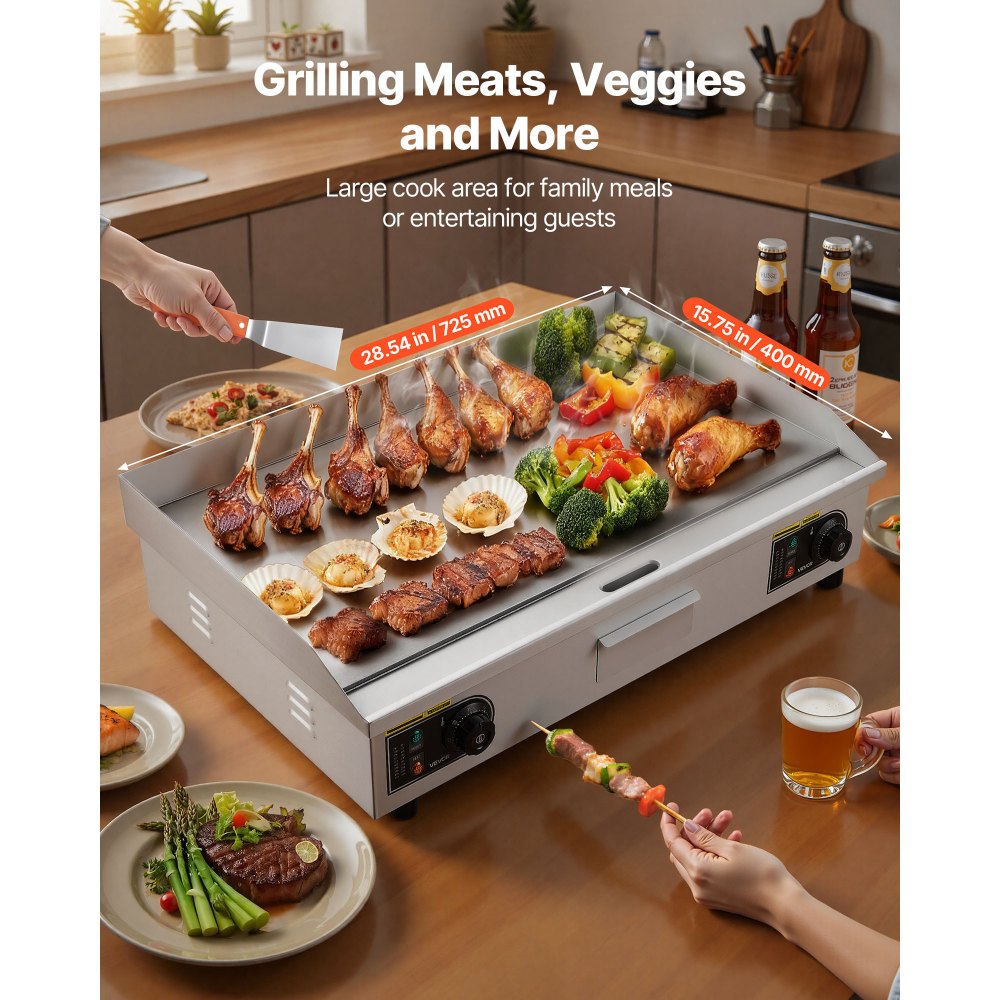 VEVOR Commercial Electric Griddle, 725 x 400 mm, 4400W, 50-300°C Adjustable Temp Control, Stainless Steel Countertop Full Flat Top Grill with 2 Spatulas and 2 Brushes, for Steak, and Pancake(NO PLUG)