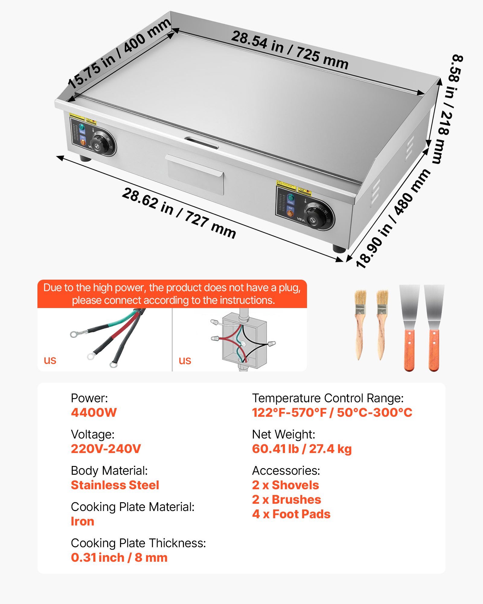VEVOR Commercial Electric Griddle, 725 x 400 mm, 4400W, 50-300°C Adjustable Temp Control, Stainless Steel Countertop Full Flat Top Grill with 2 Spatulas and 2 Brushes, for Steak, and Pancake(NO PLUG)