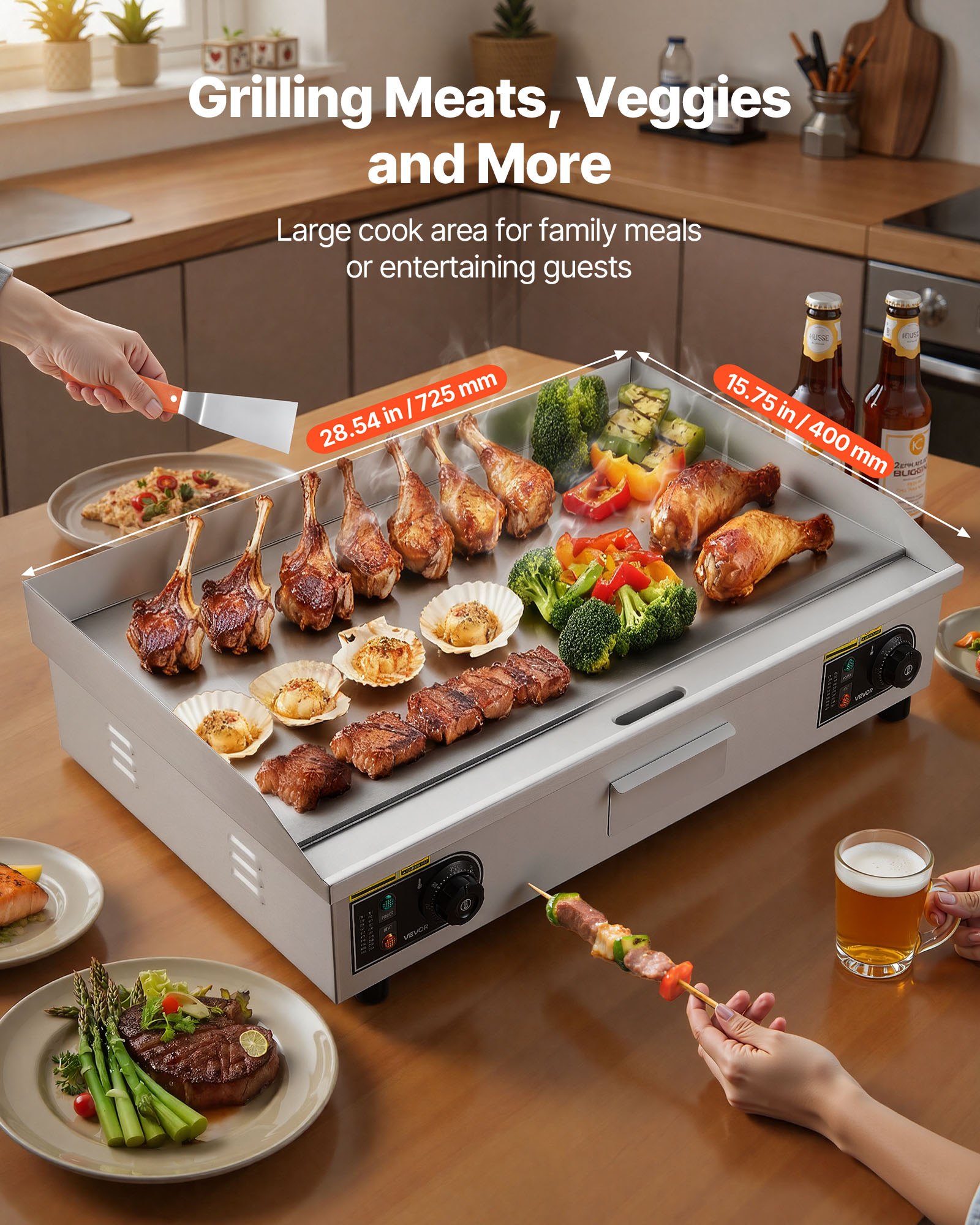 VEVOR Commercial Electric Griddle, 725 x 400 mm, 4400W, 50-300°C Adjustable Temp Control, Stainless Steel Countertop Full Flat Top Grill with 2 Spatulas and 2 Brushes, for Steak, and Pancake(NO PLUG)