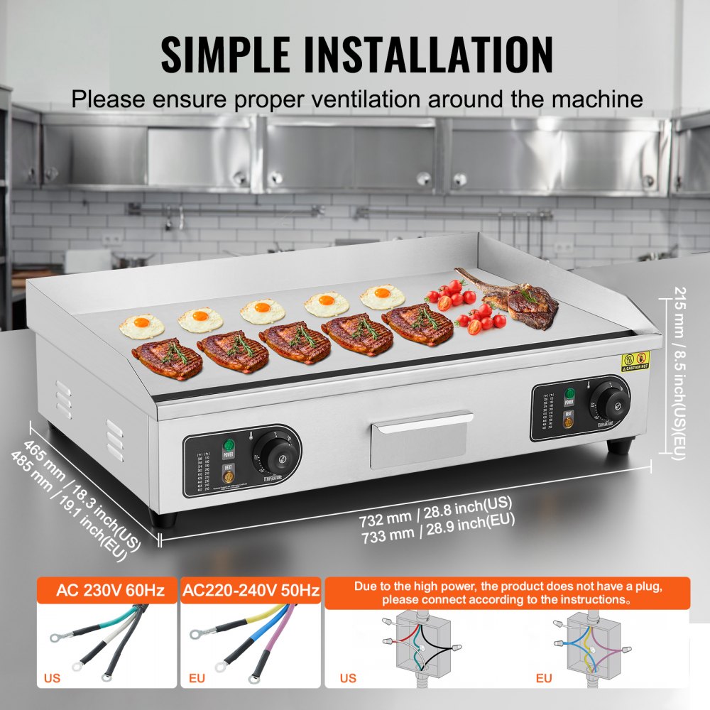 VEVOR Piastra Elettrica Commerciale, Piastra Flat Top da 4400 W, Temperatura Regolabile 50 - 300°C, 73 x 40 x 1 cm Piastra in Acciaio Inossidabile con 2 Pale 2 Spazzole per la Casa o il Ristorante