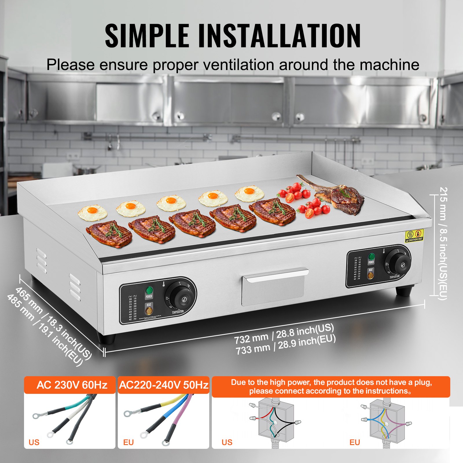 VEVOR Piastra Elettrica Commerciale, Piastra Flat Top da 4400 W, Temperatura Regolabile 50 - 300°C, 73 x 40 x 1 cm Piastra in Acciaio Inossidabile con 2 Pale 2 Spazzole per la Casa o il Ristorante