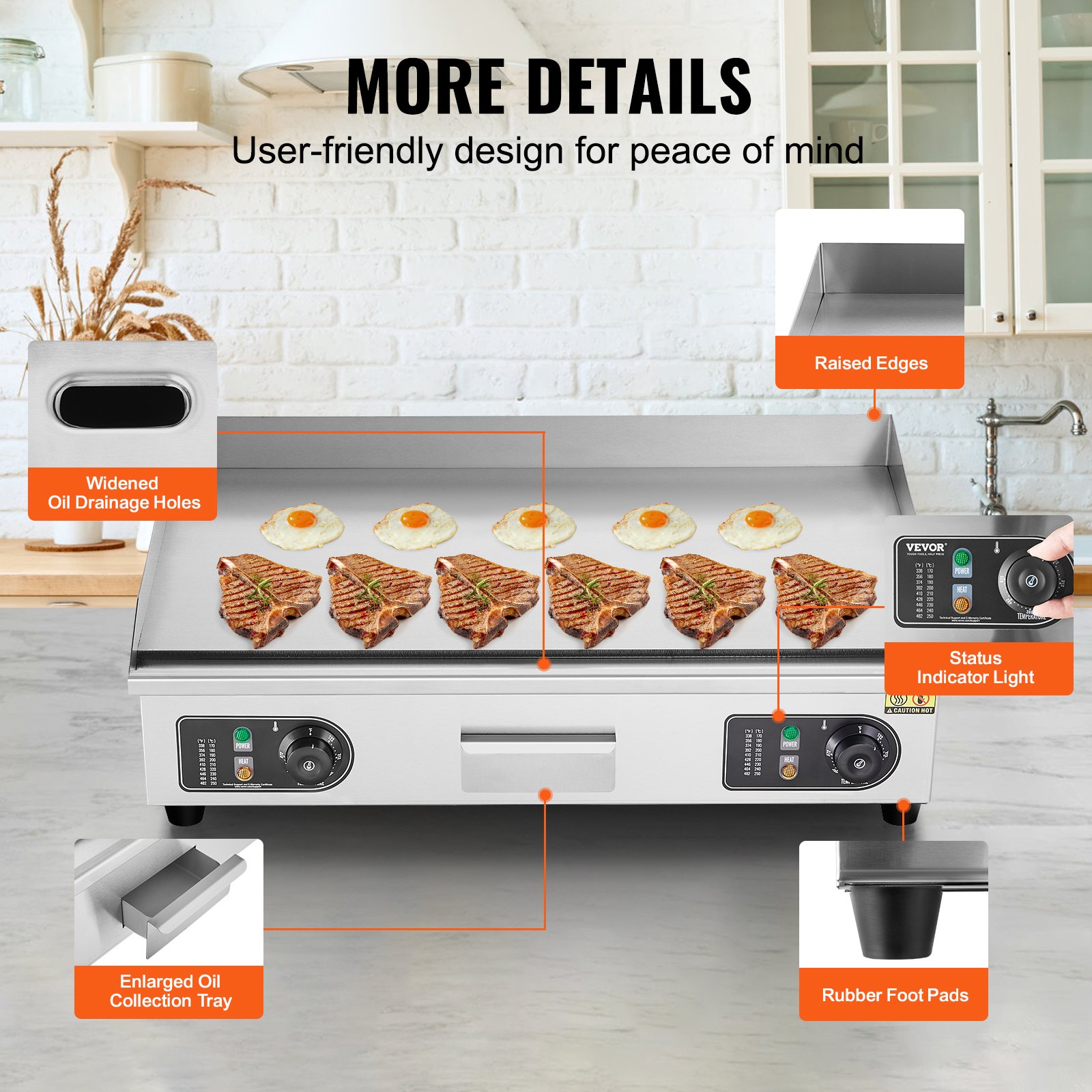 VEVOR Piastra Elettrica Commerciale, Piastra Flat Top da 4400 W, Temperatura Regolabile 50 - 300°C, 73 x 40 x 1 cm Piastra in Acciaio Inossidabile con 2 Pale 2 Spazzole per la Casa o il Ristorante