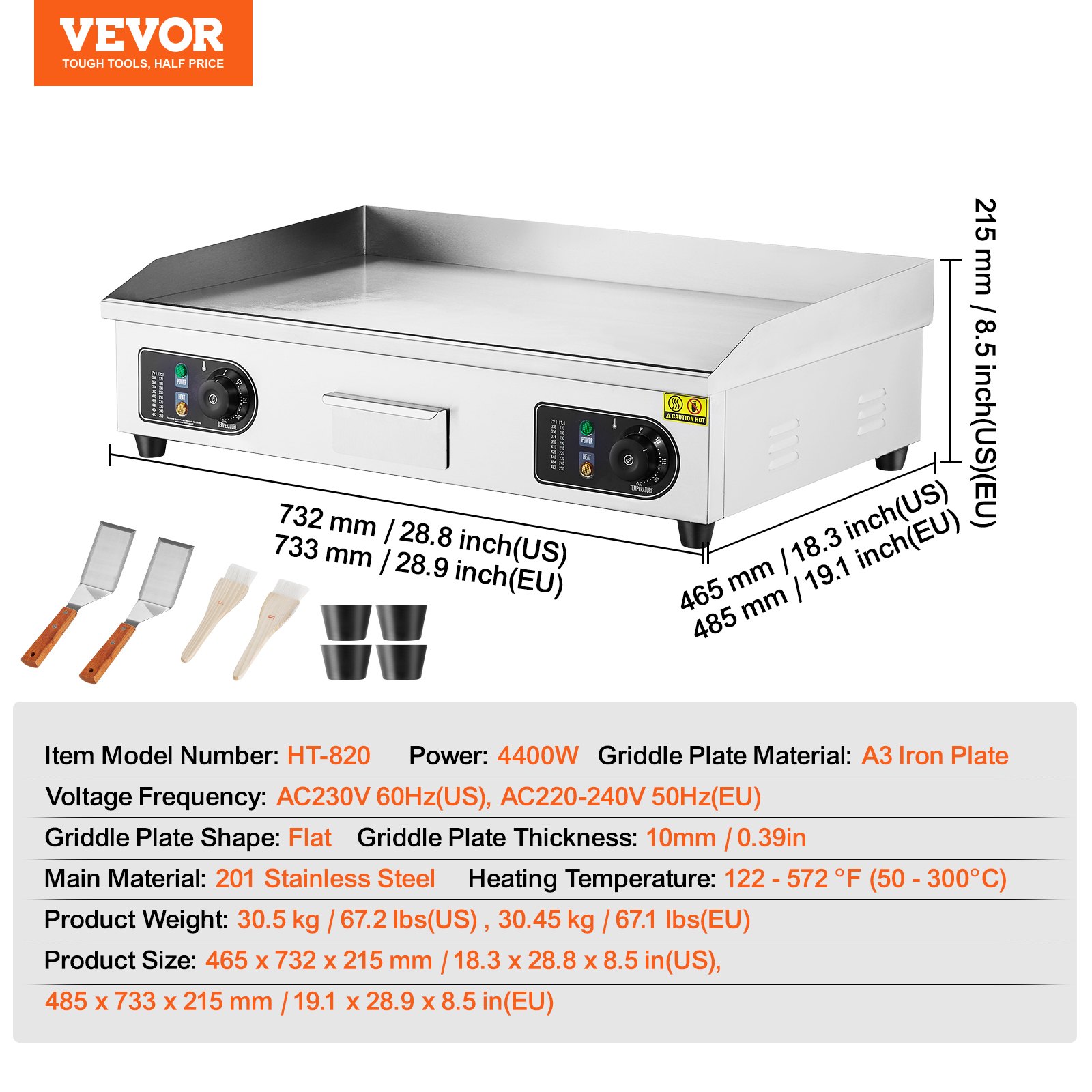 VEVOR Piastra Elettrica Commerciale, Piastra Flat Top da 4400 W, Temperatura Regolabile 50 - 300°C, 73 x 40 x 1 cm Piastra in Acciaio Inossidabile con 2 Pale 2 Spazzole per la Casa o il Ristorante